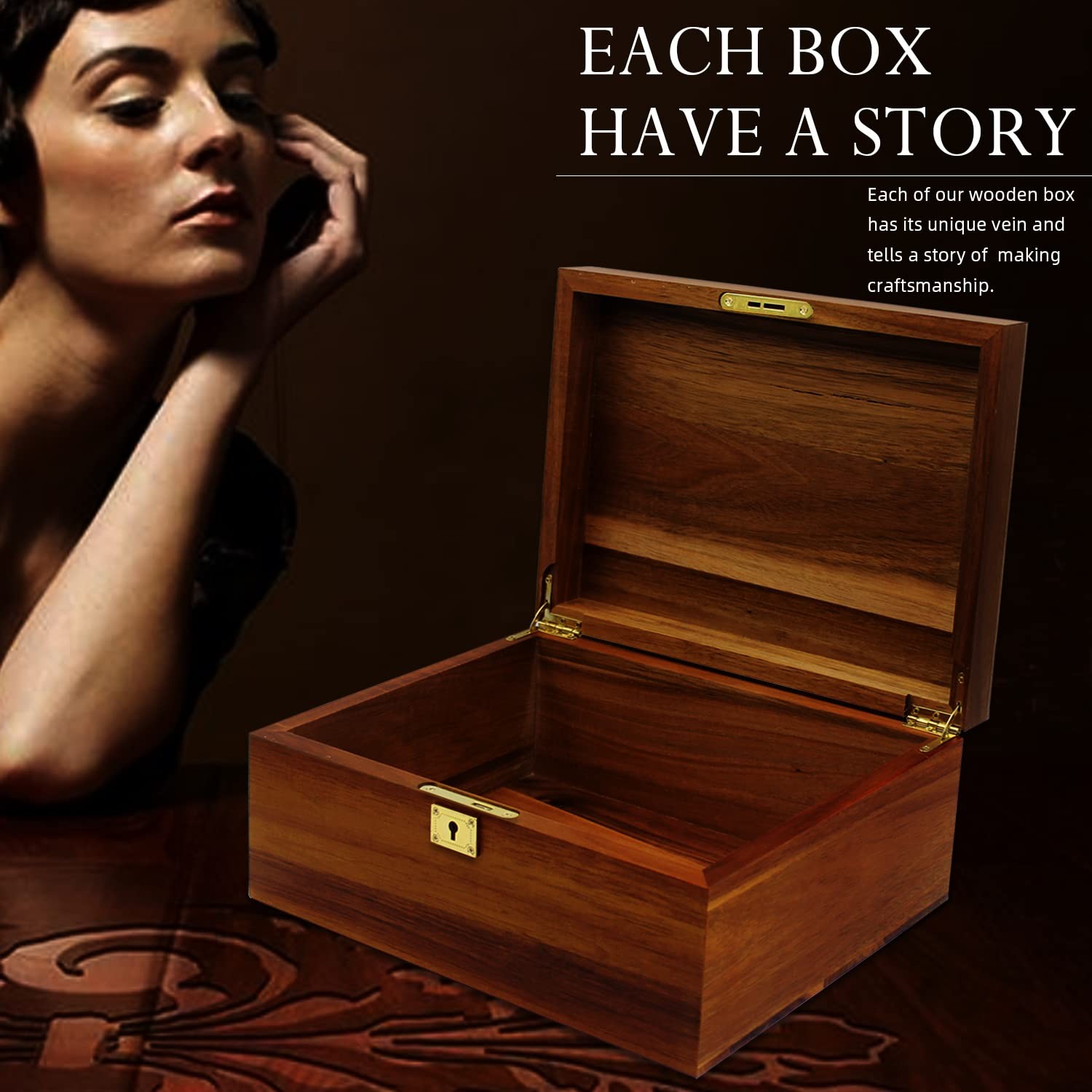 Wooden Storage Box with Hinged Lid and Locking Key Large Premium Solid Acacia...