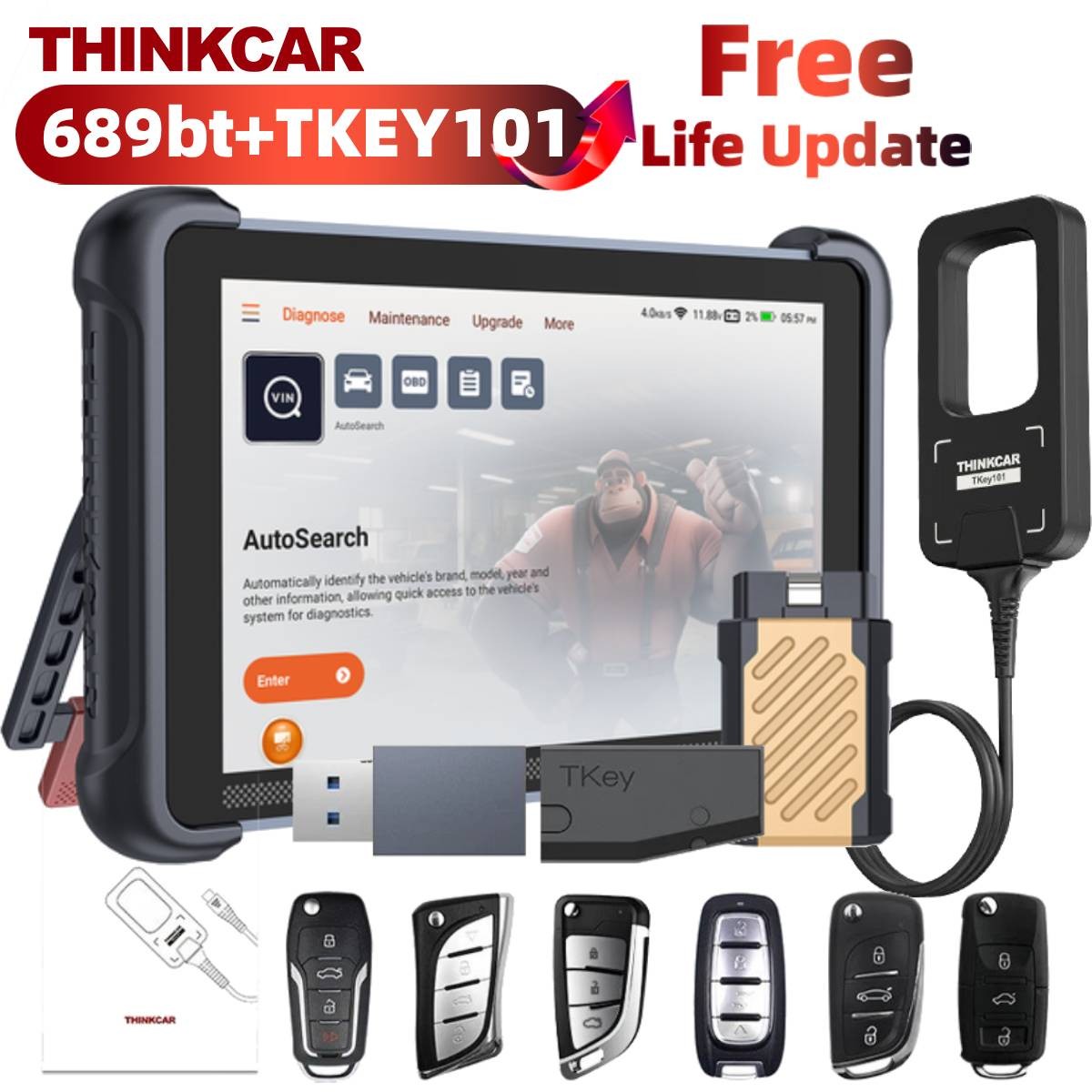 ThinkScan 689BT With Key Programmer Tkey101 Life Free OBD2 Bidirectional Scanner