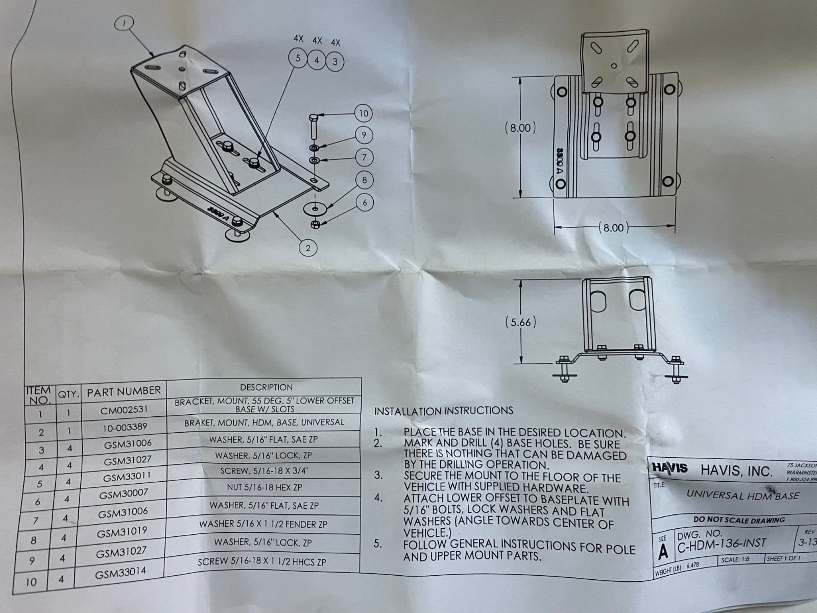 Havis C-HDM-100 Base & Bracket For Heavy-Duty Short Adapter Plate Mount