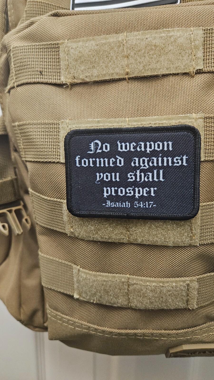 No weapon formed Isaiah 54:17 bible 2"x3" hook & loop removable morale patch