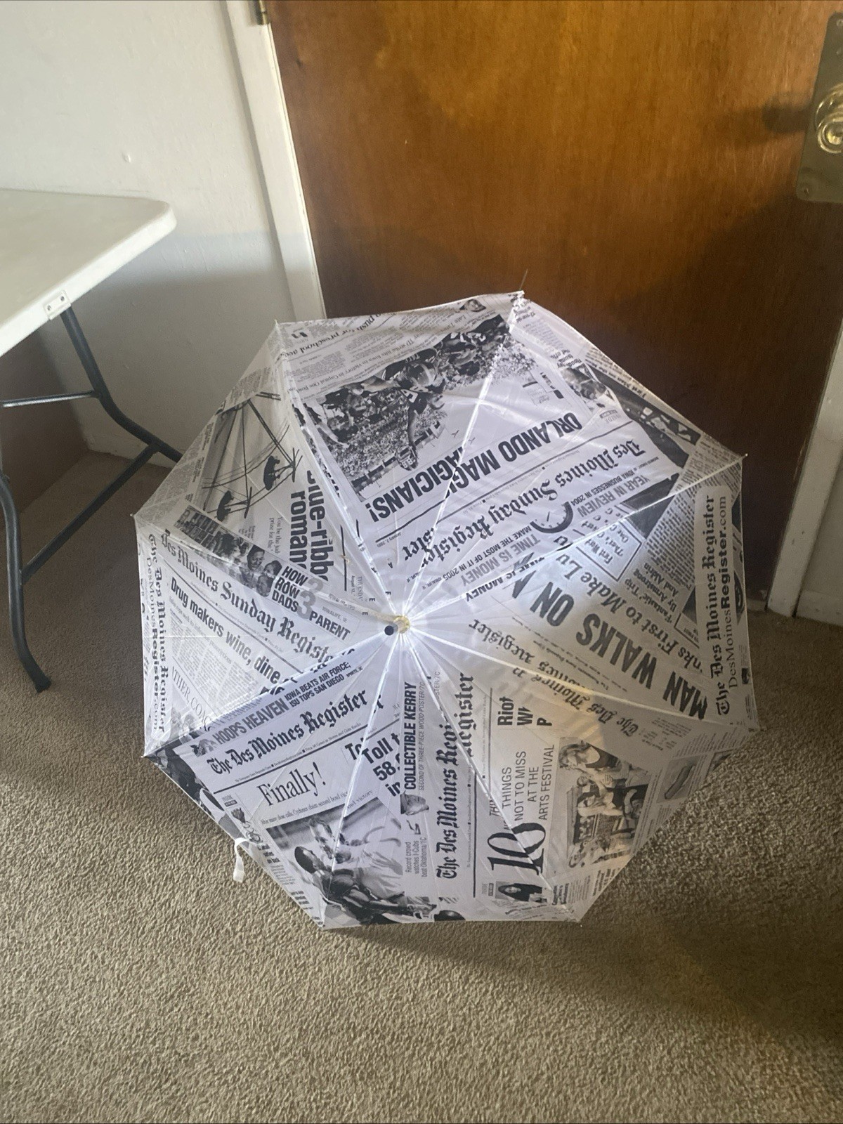 The Des Moines Register Newspaper Print Folding Umbrella Black/White 42"