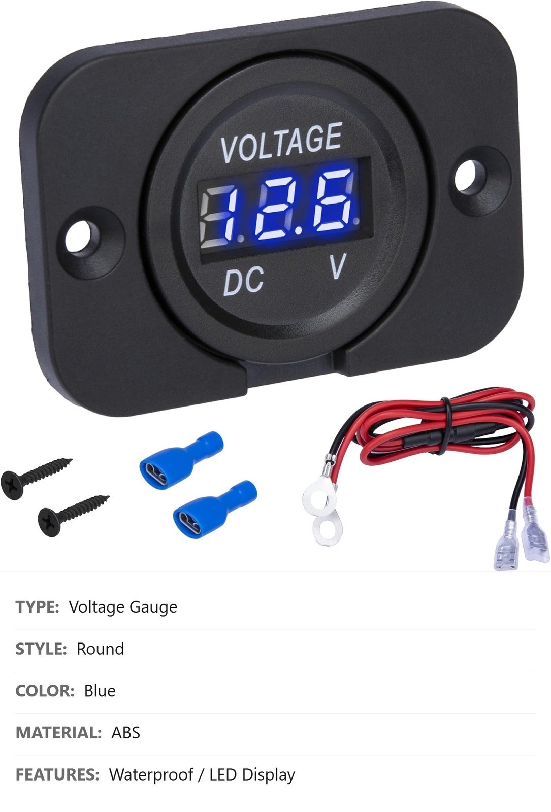 Waterproof Digital Voltmeter, 12V 24V DC, 3-Digit LED Display, Blue Light