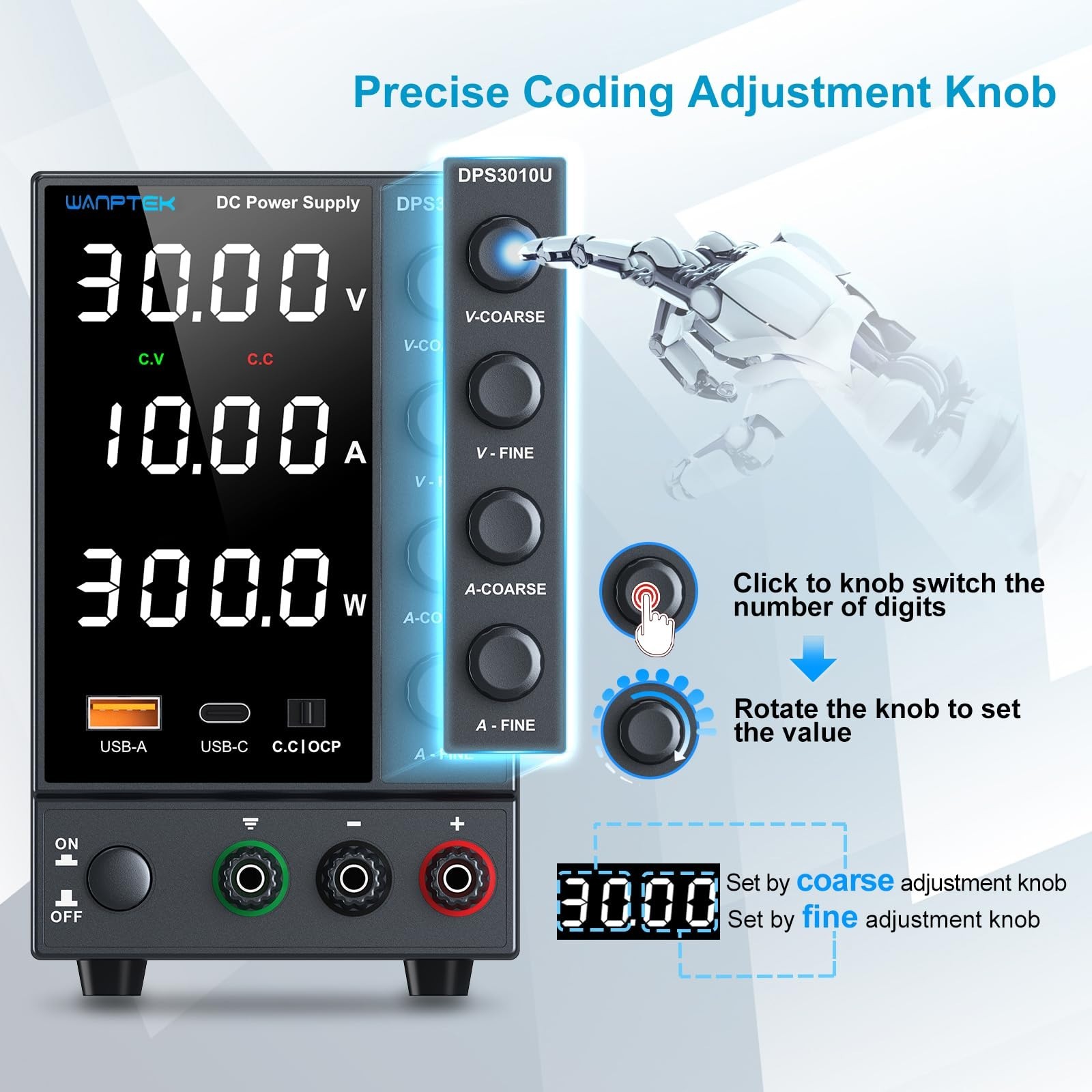 Adjustable 0-30V 10A Variable Power Supply, Switching Bench PSU, USB Type-C Quic