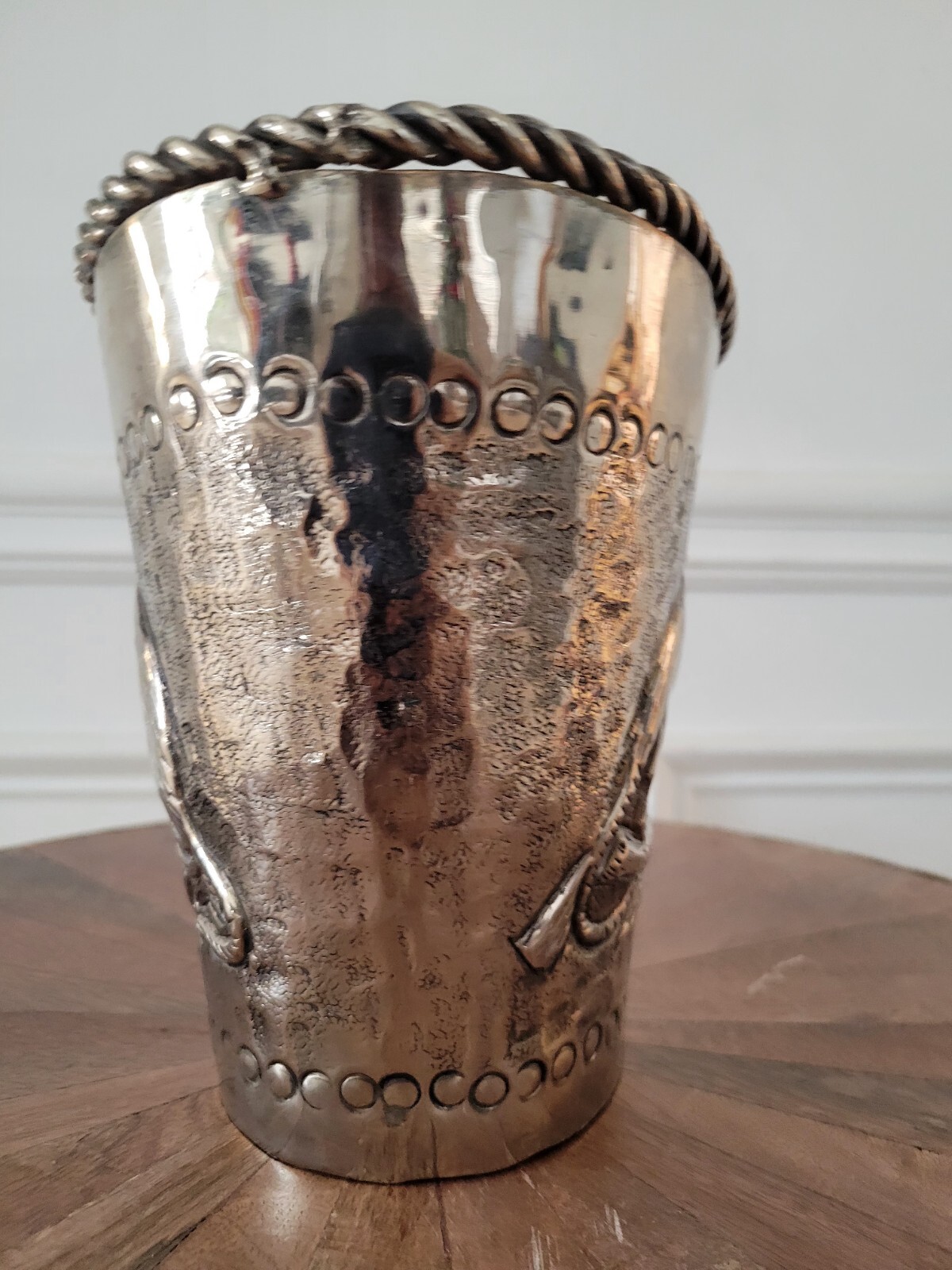 Metel Silver Tone Repousse Monkeys Planter Or Vase