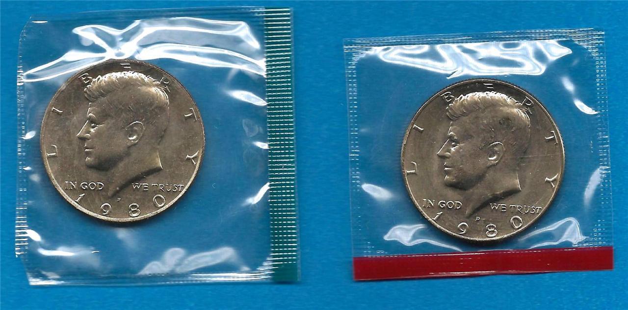 1980 P and  D Uncirculated BU  Kennedy Half Dollar Set -PD in Mint Set Cellos