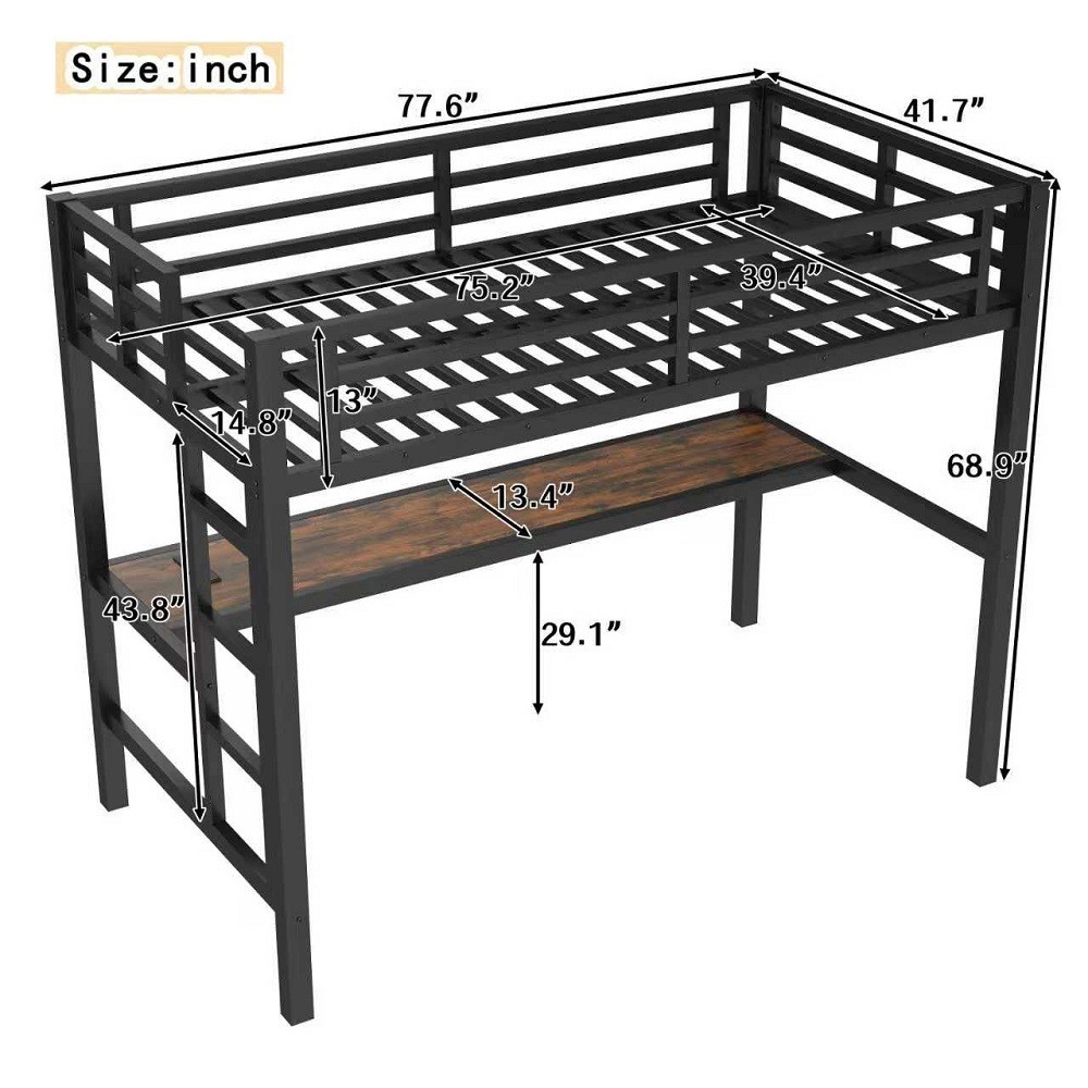 Metal Twin Size Loft Bed Power Outlet LED Lighted, SpaceSavingNoise Reduced