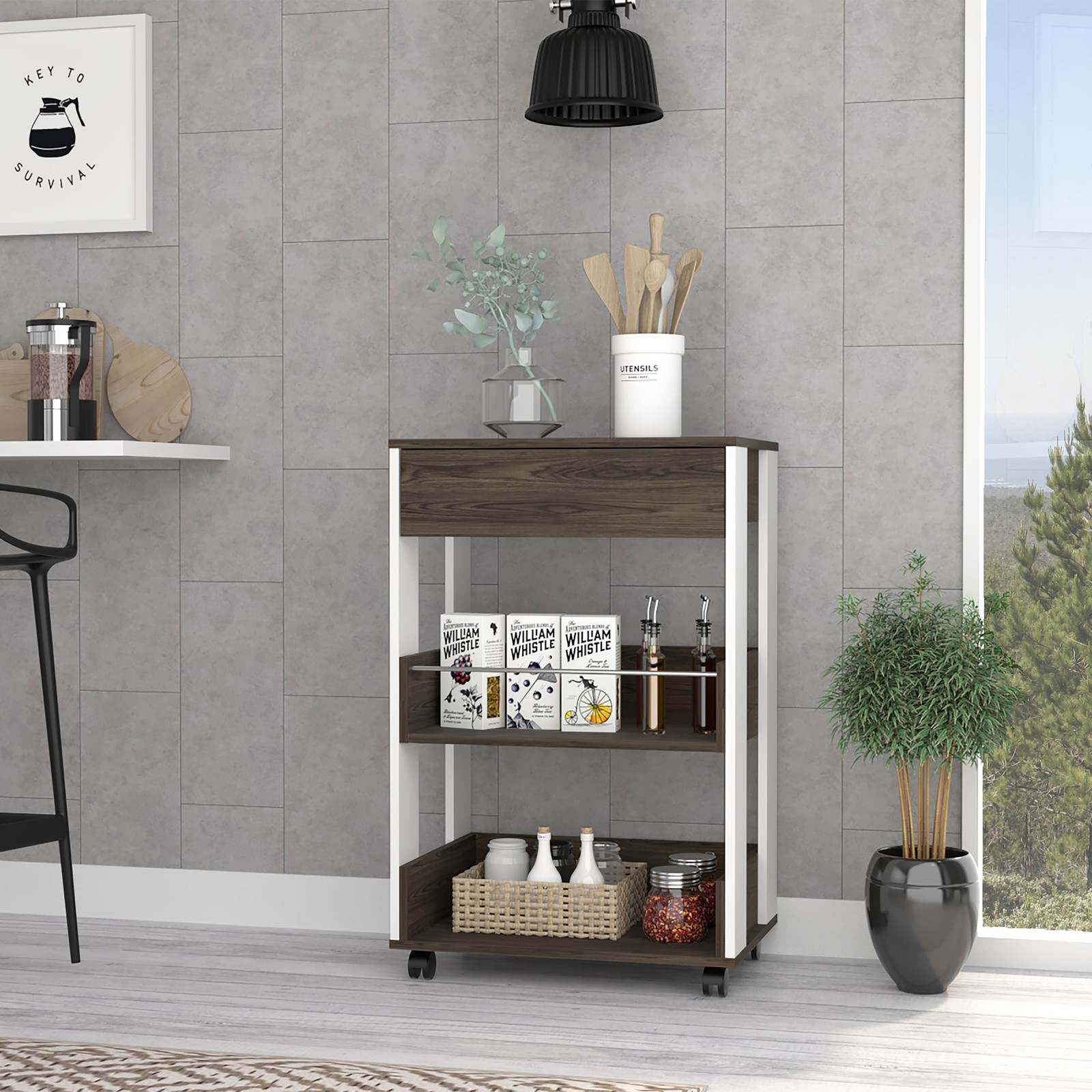White Dark Walnut Kitchen Cart 1-Drawer 2-Shelf Mobile Storage Cabinet