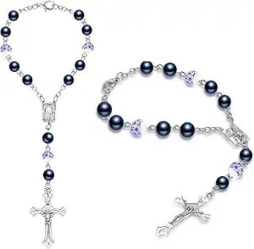 2 Piece Ceramic Blue Rosary Rearview Mirror Hanging Charm Color: Blue, Ceramic