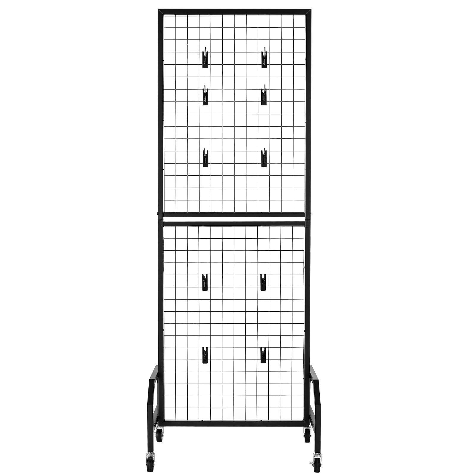 Floor-Standing Grid Panel 1.9x5.4ft, Black Steel Display Rack w/ 10 Hooks