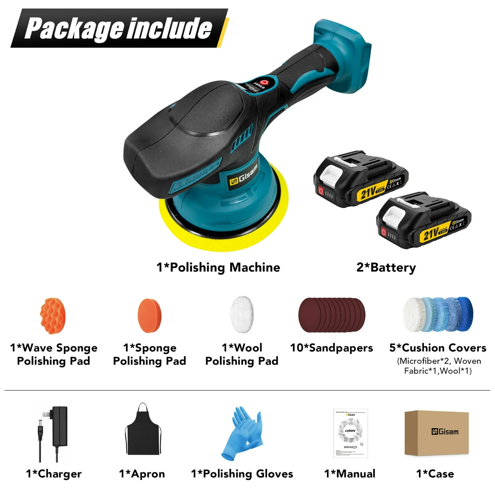 Gisam Cordless Car Buffer Polisher, 8 Variable Speed Auto Orbital Polishing Kit