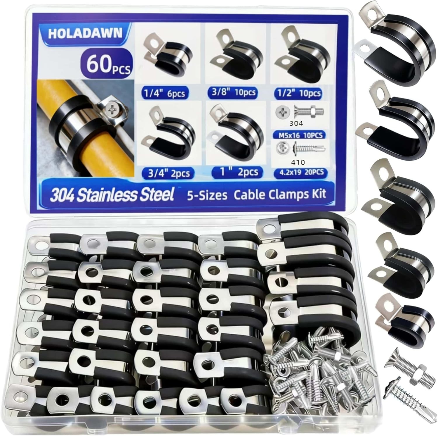 60PCS Cable Clamps Assortment Kit 304 Stainless Steel Rubber Cushion Pipe Clamps