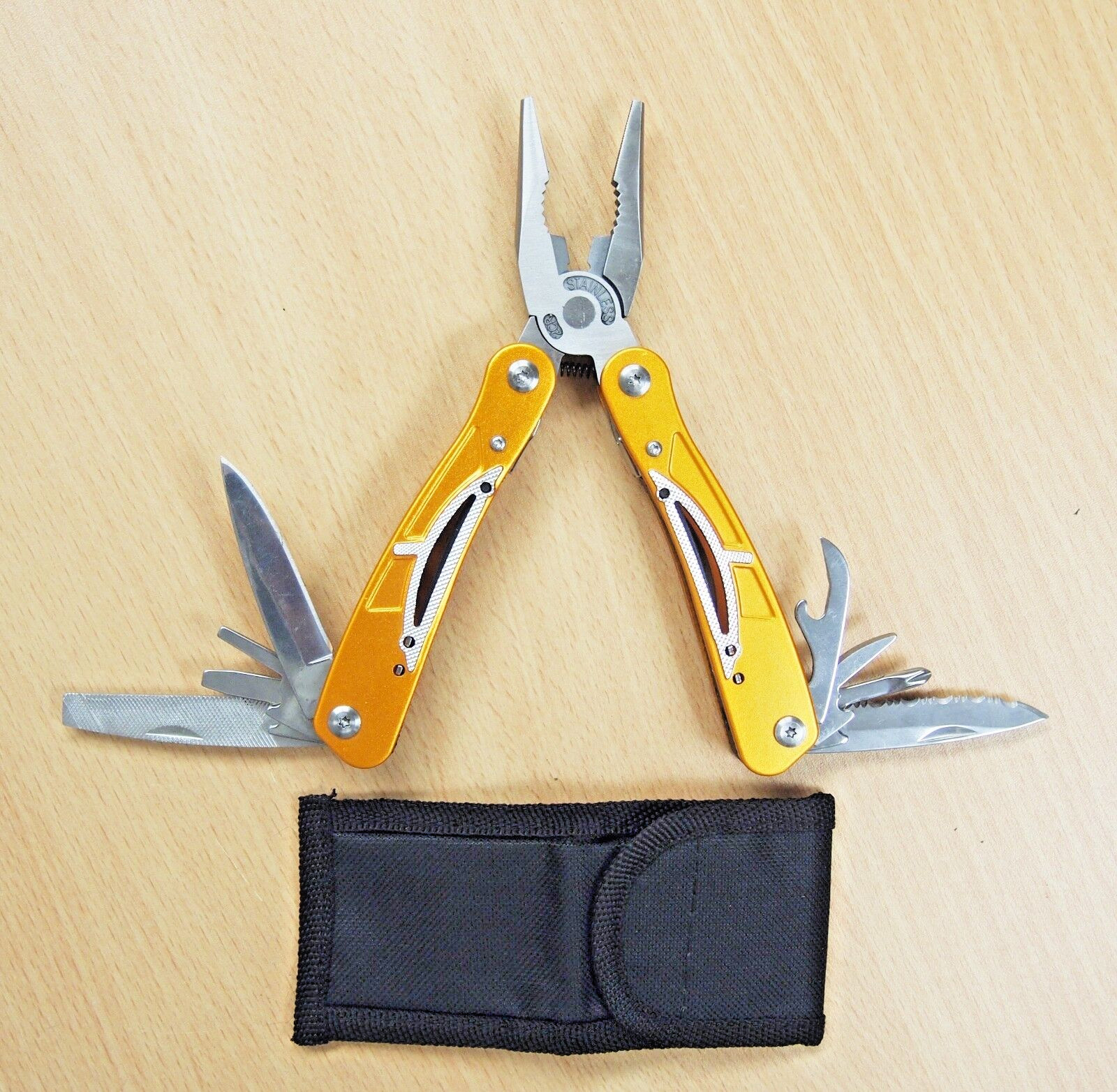 11 in 1 Multi Tool Plier Knife Stainless Steel Aluminum Handle Carry Bag 327002