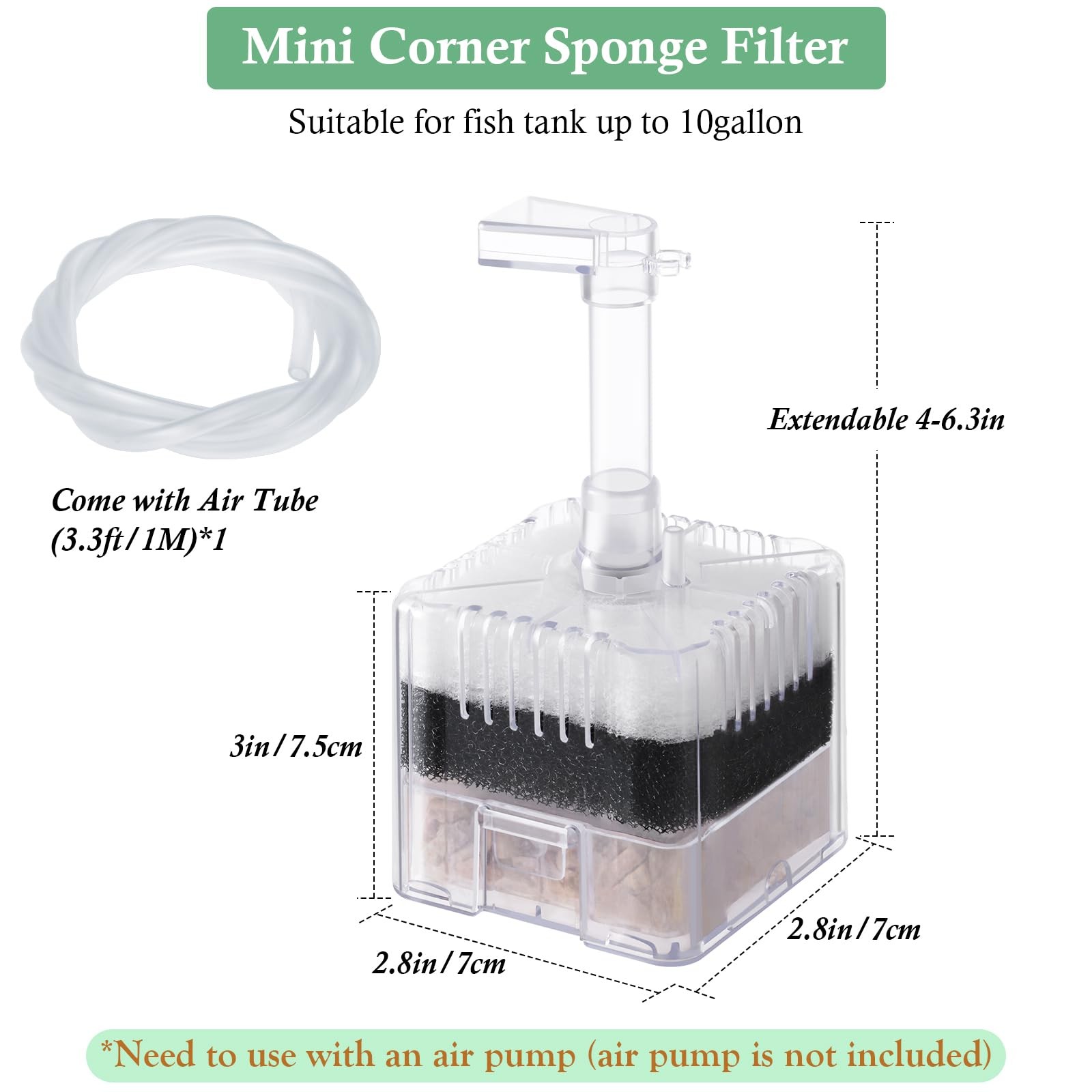 Mini AirPowered Aquarium Corner Sponge Filter Multi Media 110 Gallon Tank