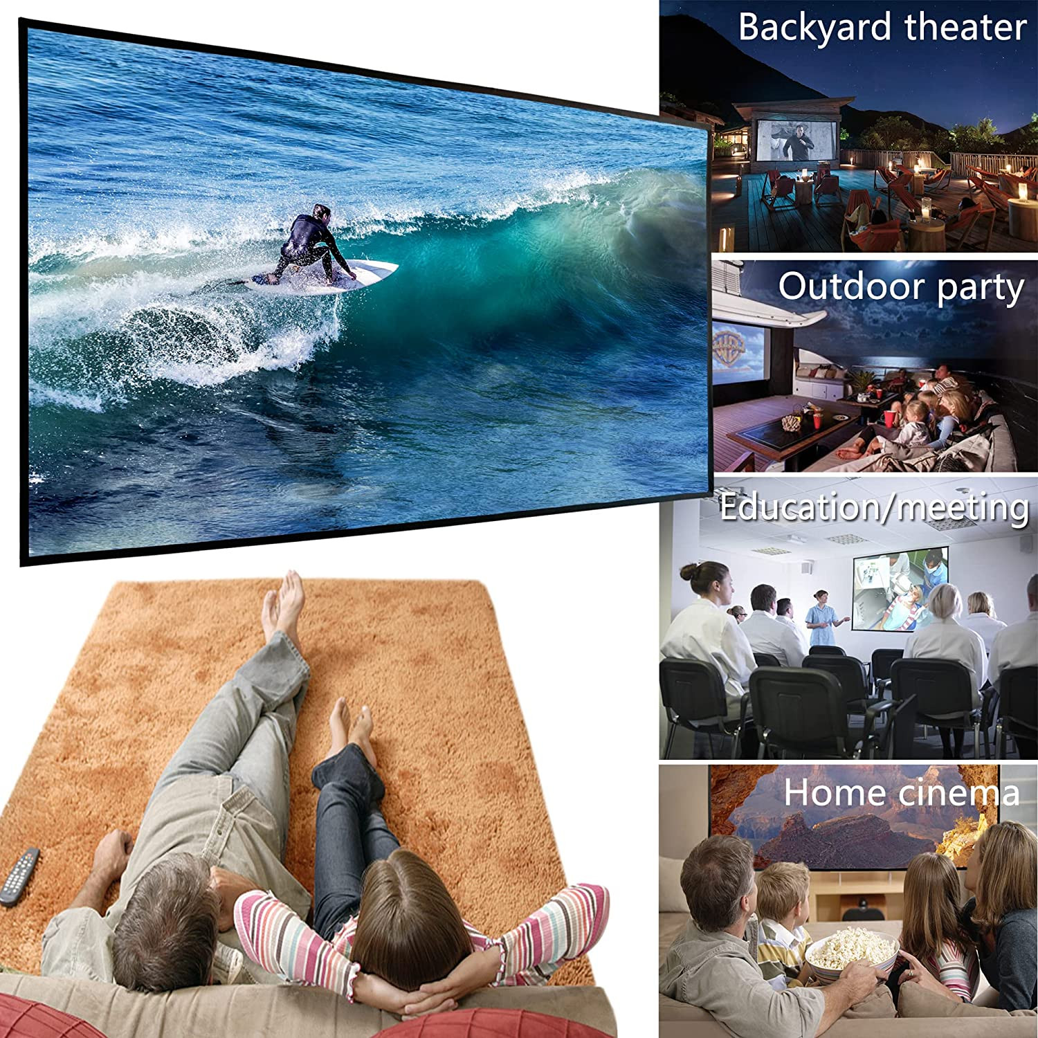 Portable Projector Screen 120 Inch with Combined Pole Frame Black Backing Silver