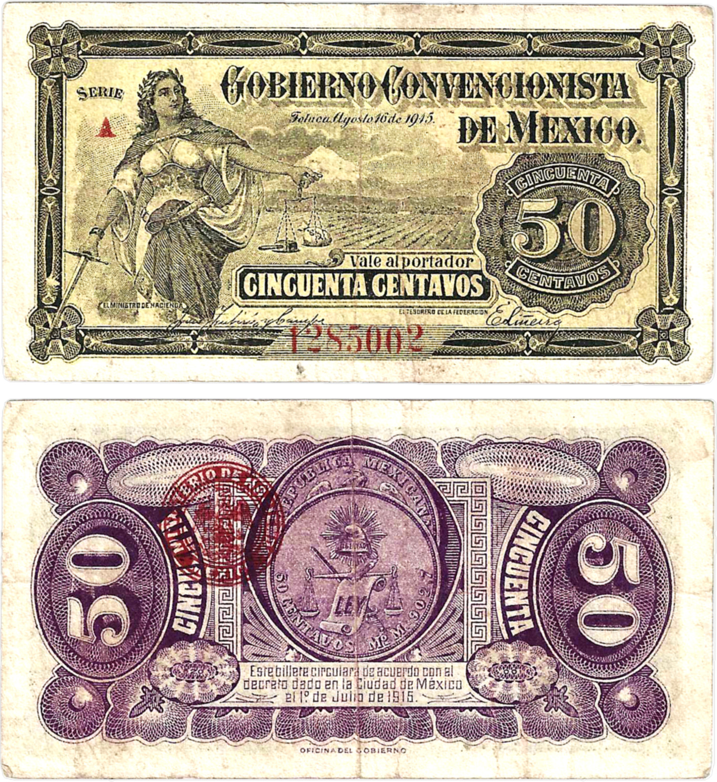 Mexico, 50 Cent, Gobierno Convencionista, 7-1-1915, Series A, S/N 1285062, S-882