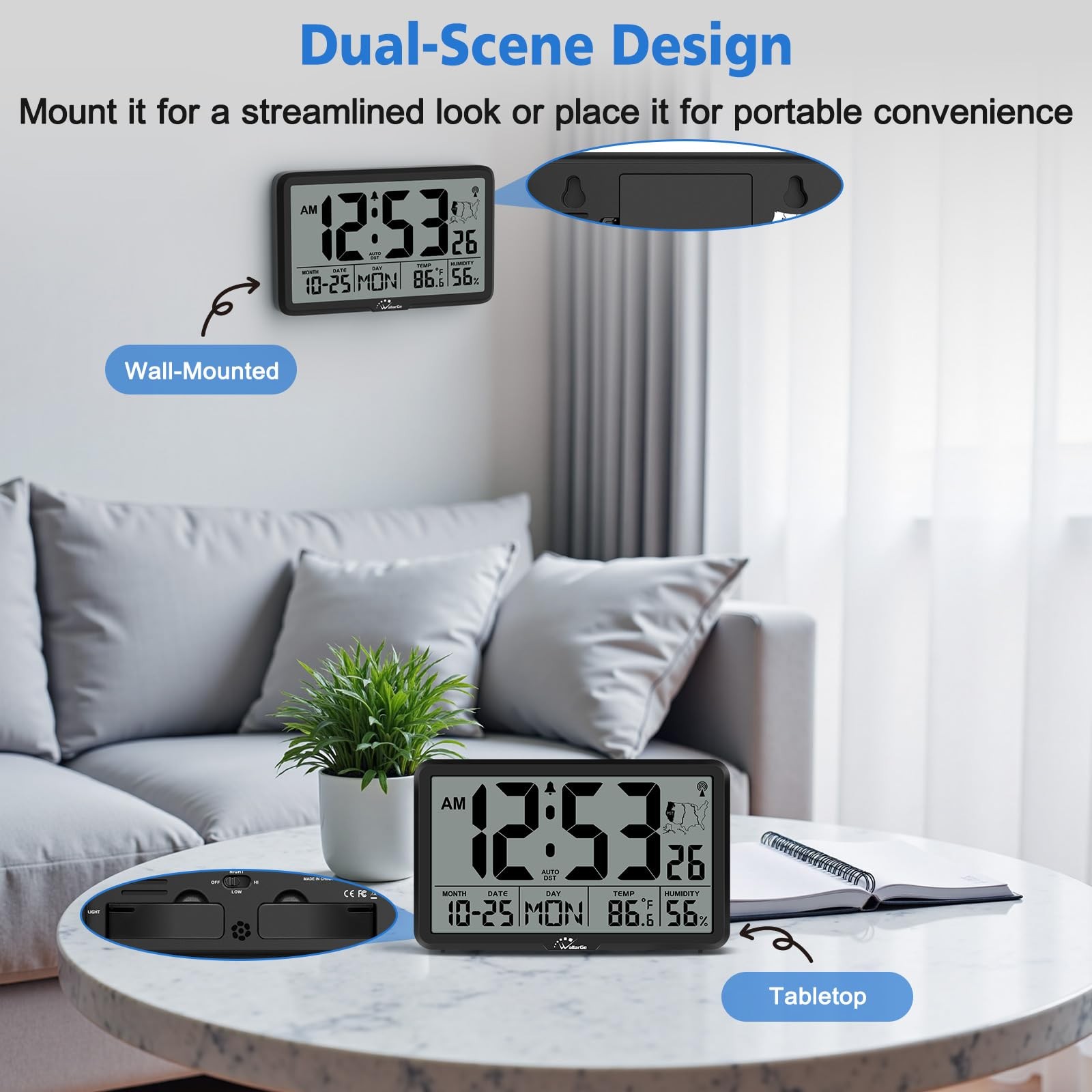 WallarGe Atomic Wall Clock with Backlight, Digital Large, Black