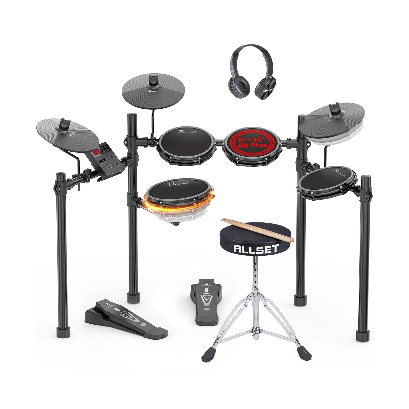 ALLSET Groove Electric Drum Set - Full Size Electronic Drum Kit with 8" Doubl...