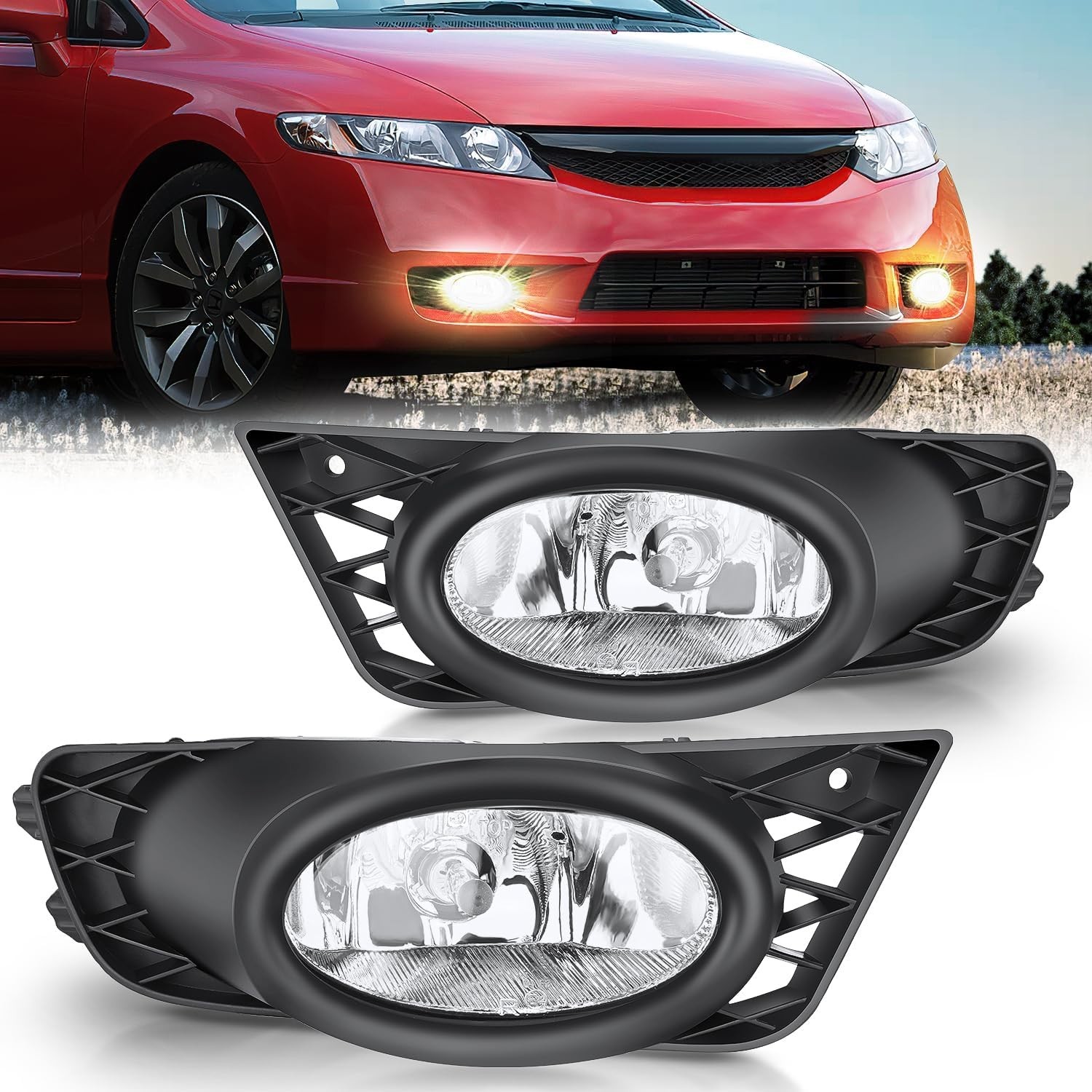 Fog Lights Compatible with Honda Civic Sedan 2009 2010 2011, Real Glass ...