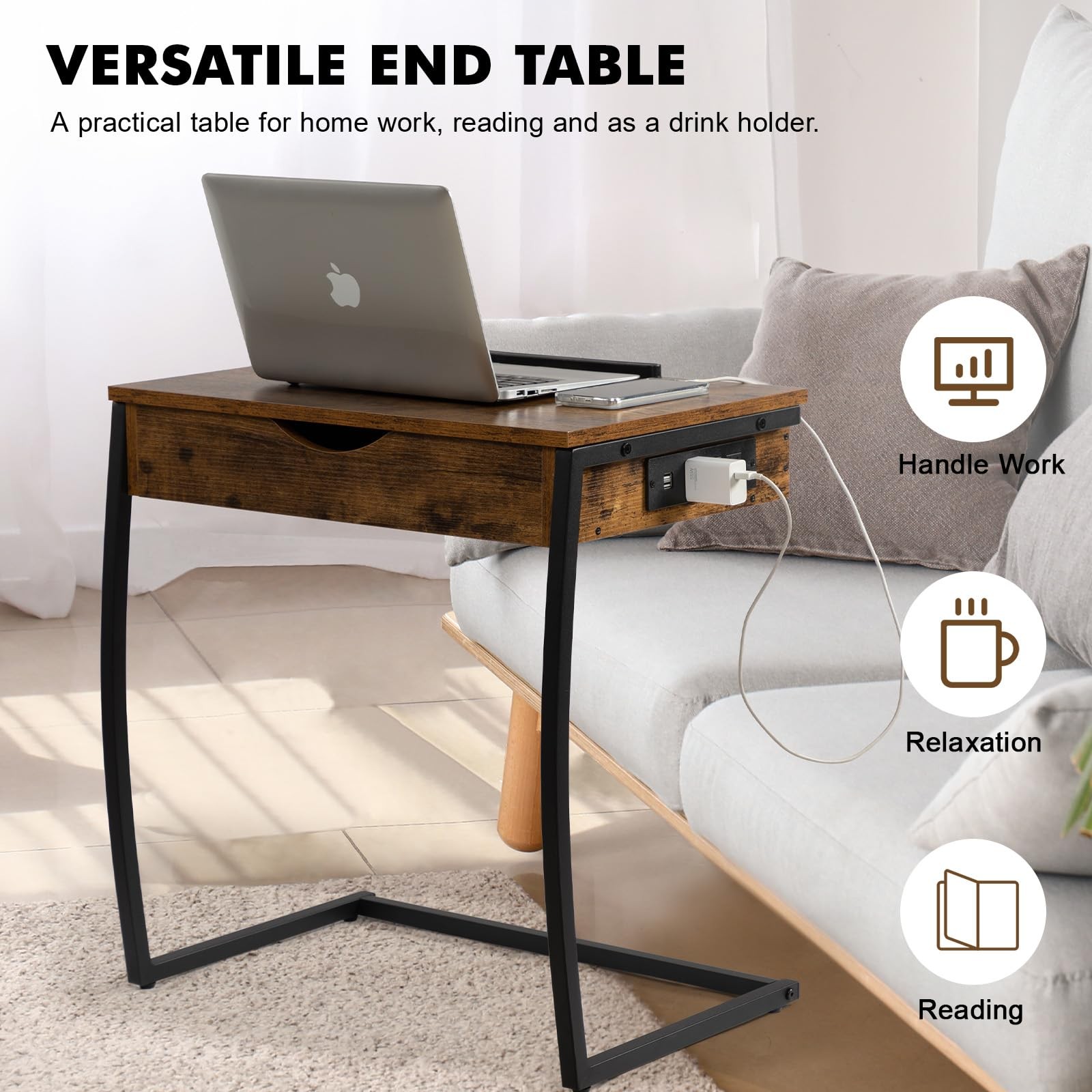Hadulcet C Shaped End Table with Charging Station, 25.6", Rustic Brown