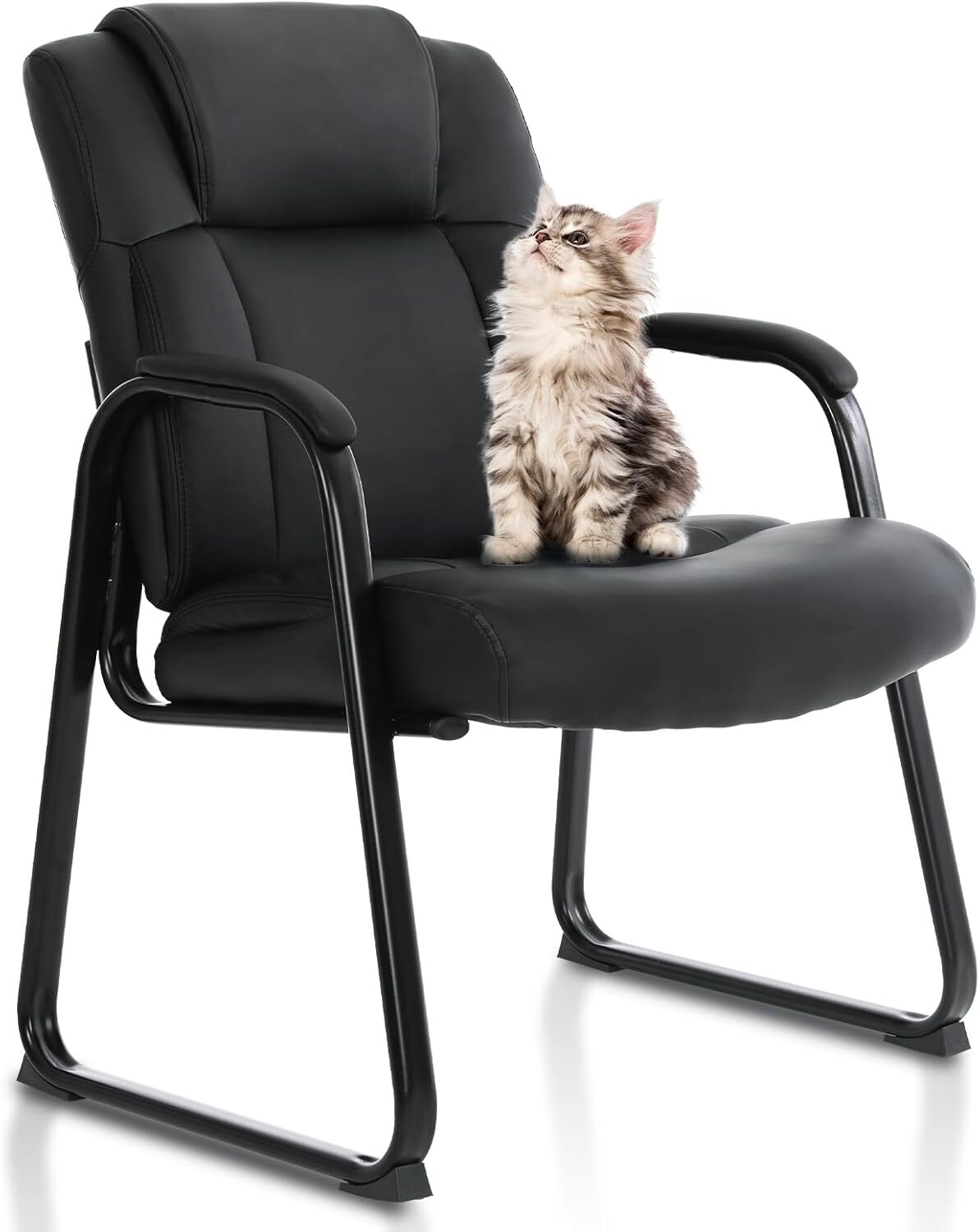 Big & Tall 500 lb. Guest Chair, Leather Reception Chairs with Sled Base，Black