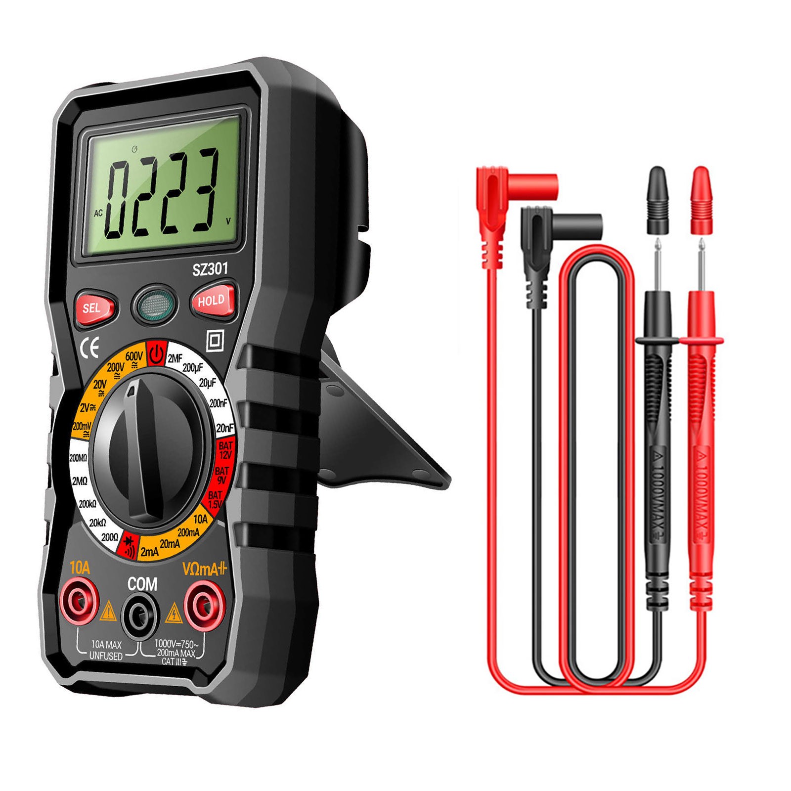 Versatile Digital Multimeter w Test Leads Measures Volt Amp Ohm Capacitance