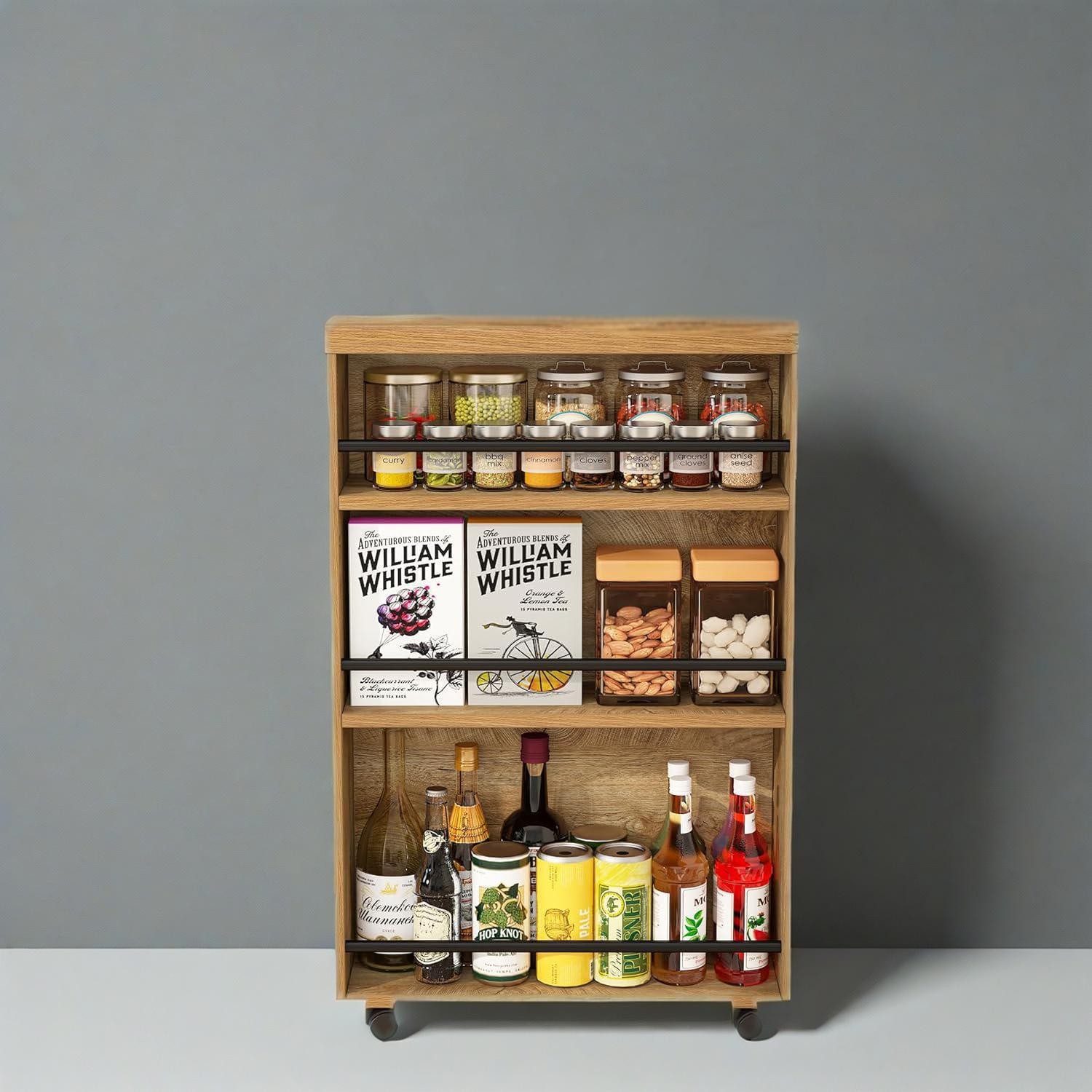 Narrow Kitchen Cart Rolling Storage Cart with 3-tier Open Shelves An Added Top
