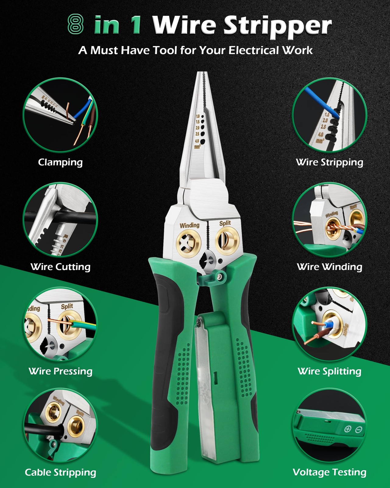 8-in-1 Wire Stripper Voltage Tester Electrical Cable Stripping Plier Green