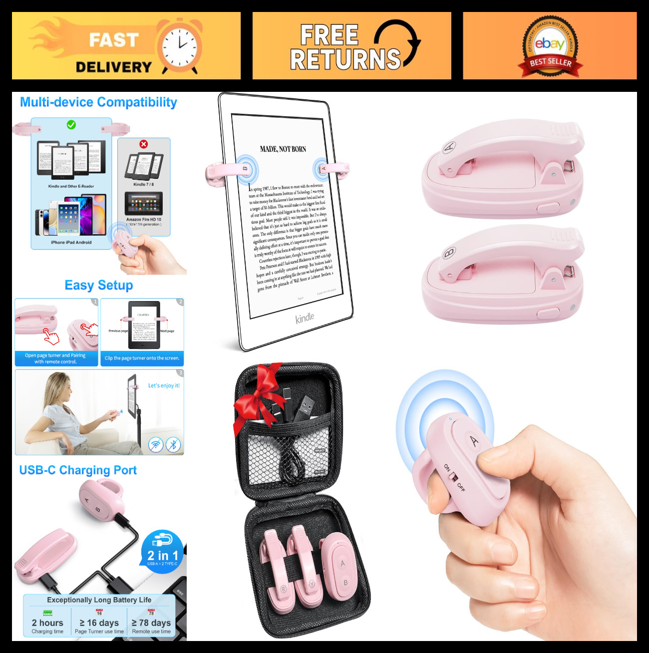 Rechargeable Kindle Page Turner Remote Control Clips, Finger Ring Ereader Access