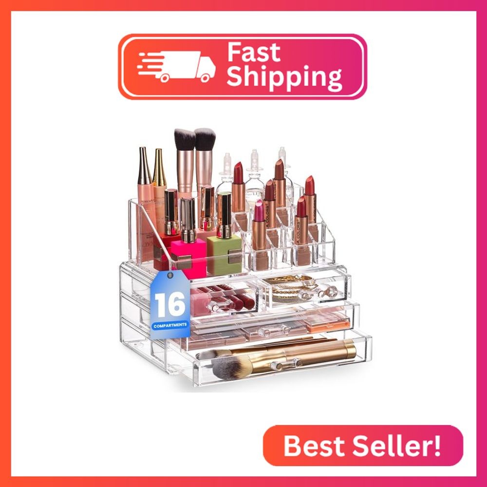 Masirs Clear Makeup Organizer - 16-Compartment Cosmetic and Jewelry Holder with