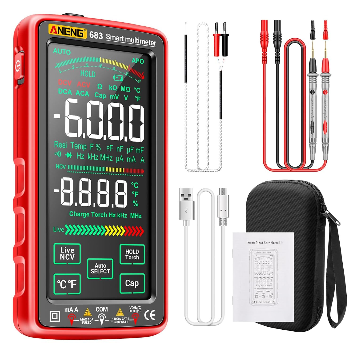 Smart Multimeter, Digital Multimeter Tester with Touch Screen 6000 Counts Auto R