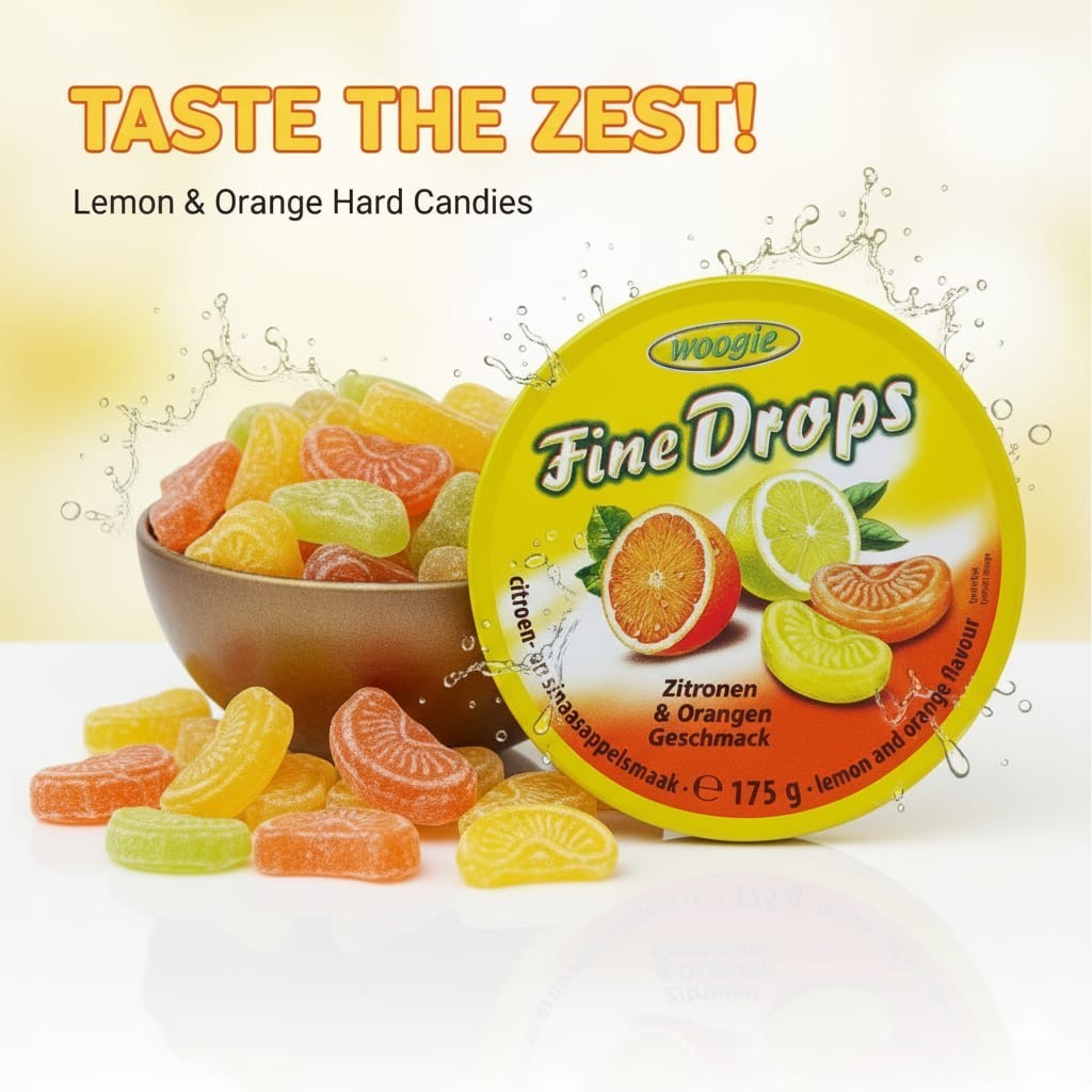 WOOGIE, GERMAN FINE DROPS SANDED Lemon Orange CANDY Bonbon 175 Gr.