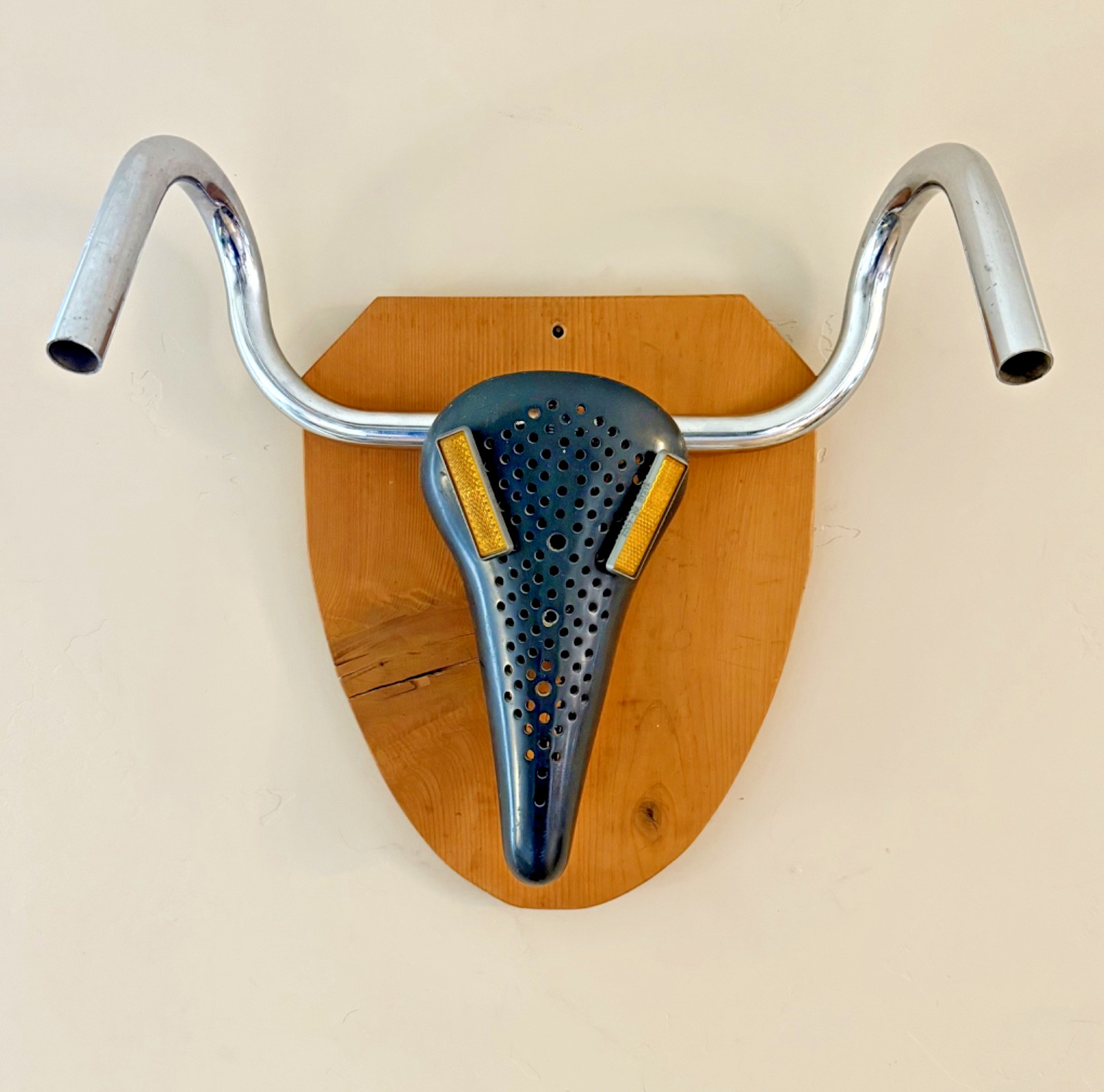 vntg 70s Bicycle Wall Art, 3D mixed media wood & bike parts, Chuck Spencer orig.