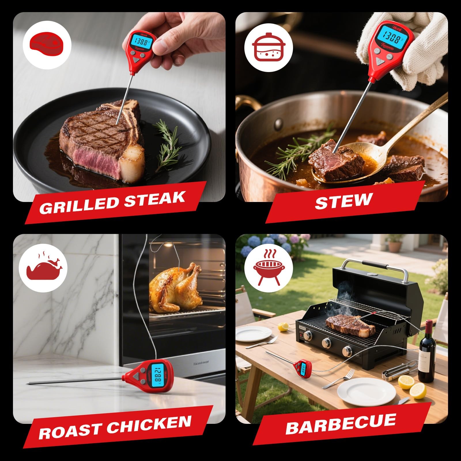 Rechargeable Digital Meat Thermometer with 3.3ft External Probe, Warning Aler