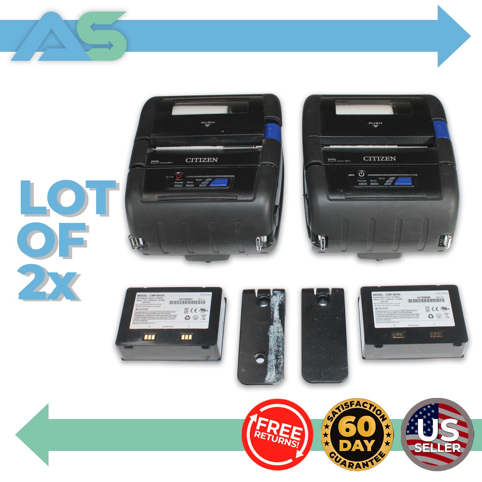 Lot of 2 Citizen CMP-30BT Bluetooth Mobile Receipt Barcode Thermal Printer