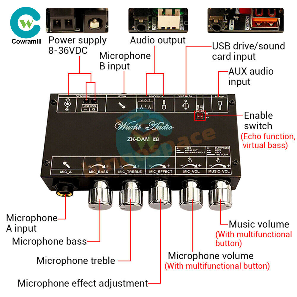 H1 DC8-36V Audio Amplifier Power AMP Bluetooth AUX Preamp Board Combination DIY