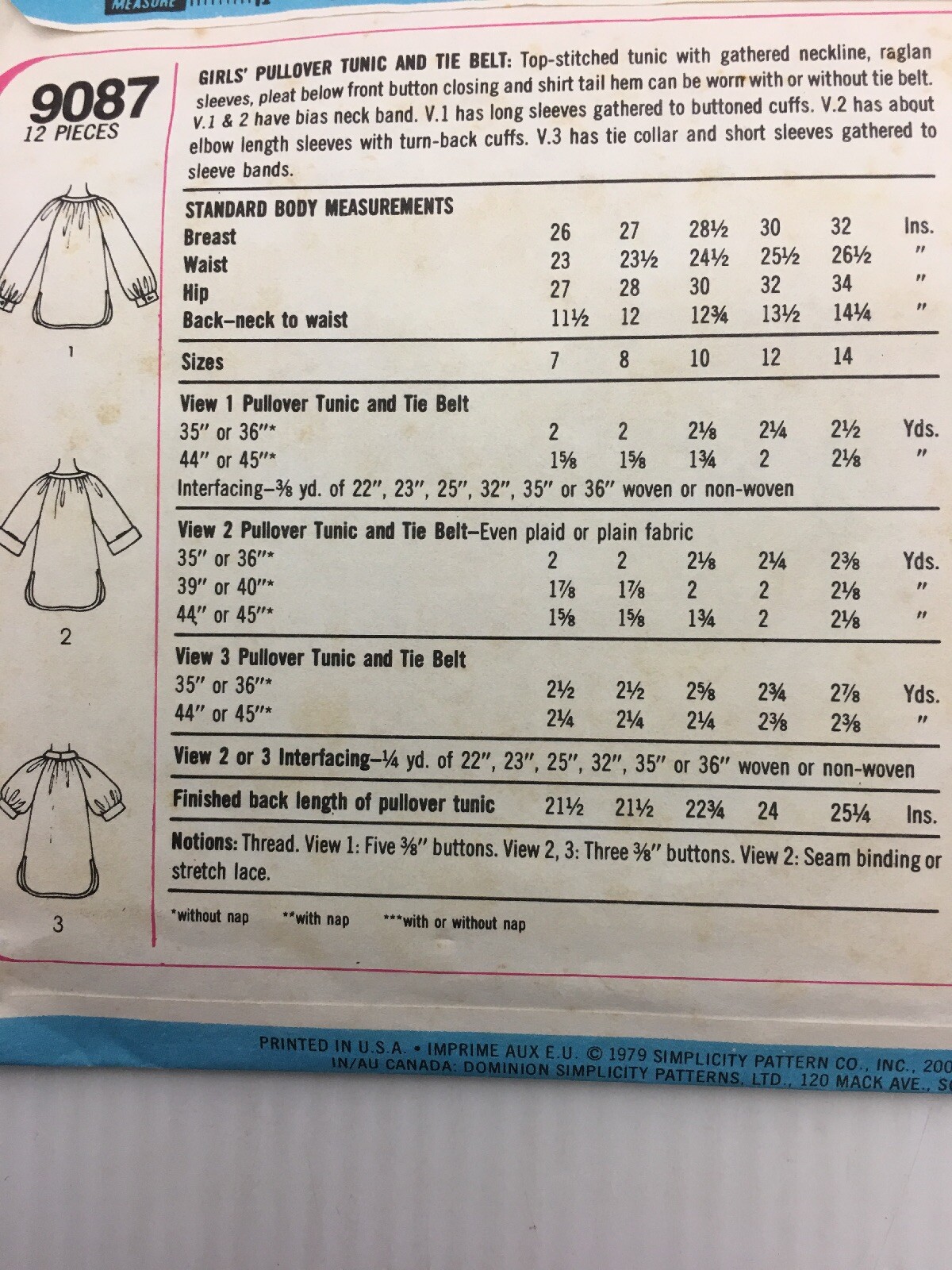 Simplicity Sewing Pattern 9087 Girls Size 7 8 Pullover Tunic and Tie Belt Top