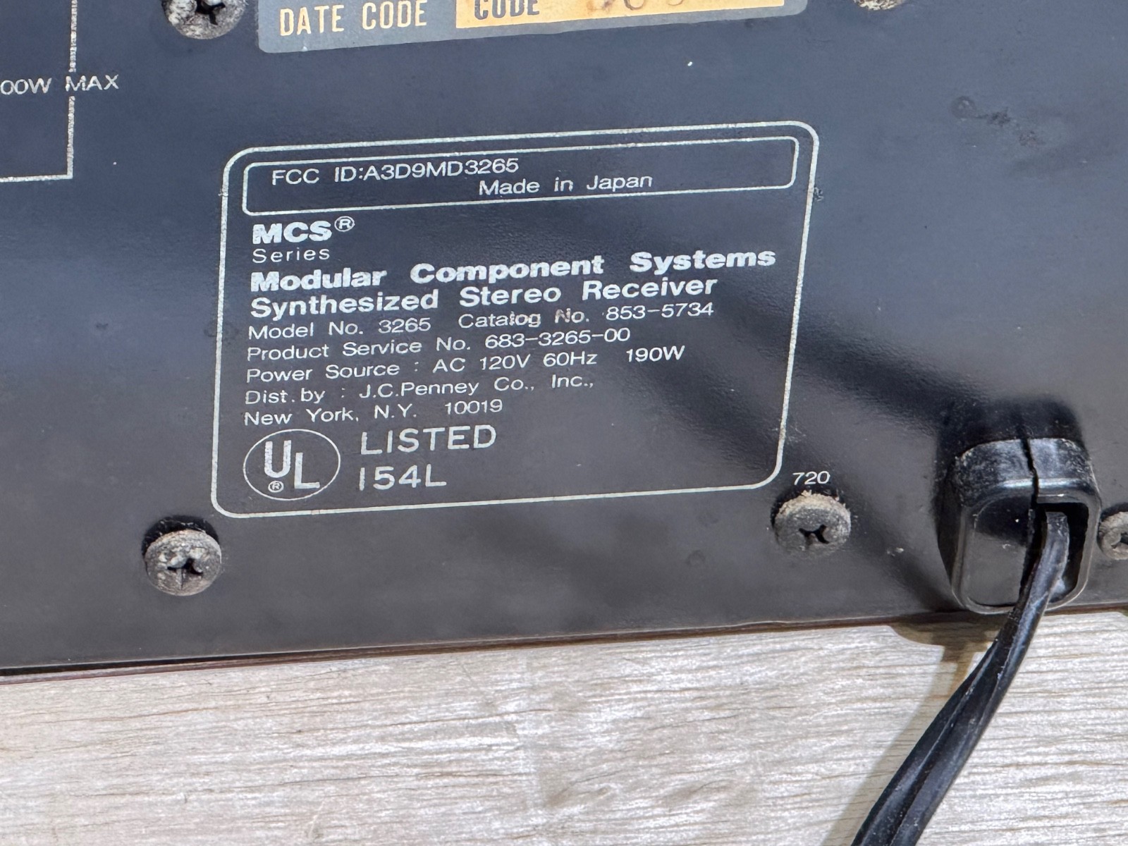 MCS Modular Component Systems AM/FM Tuner Stereo Receiver Model 3265 Sold AS-IS