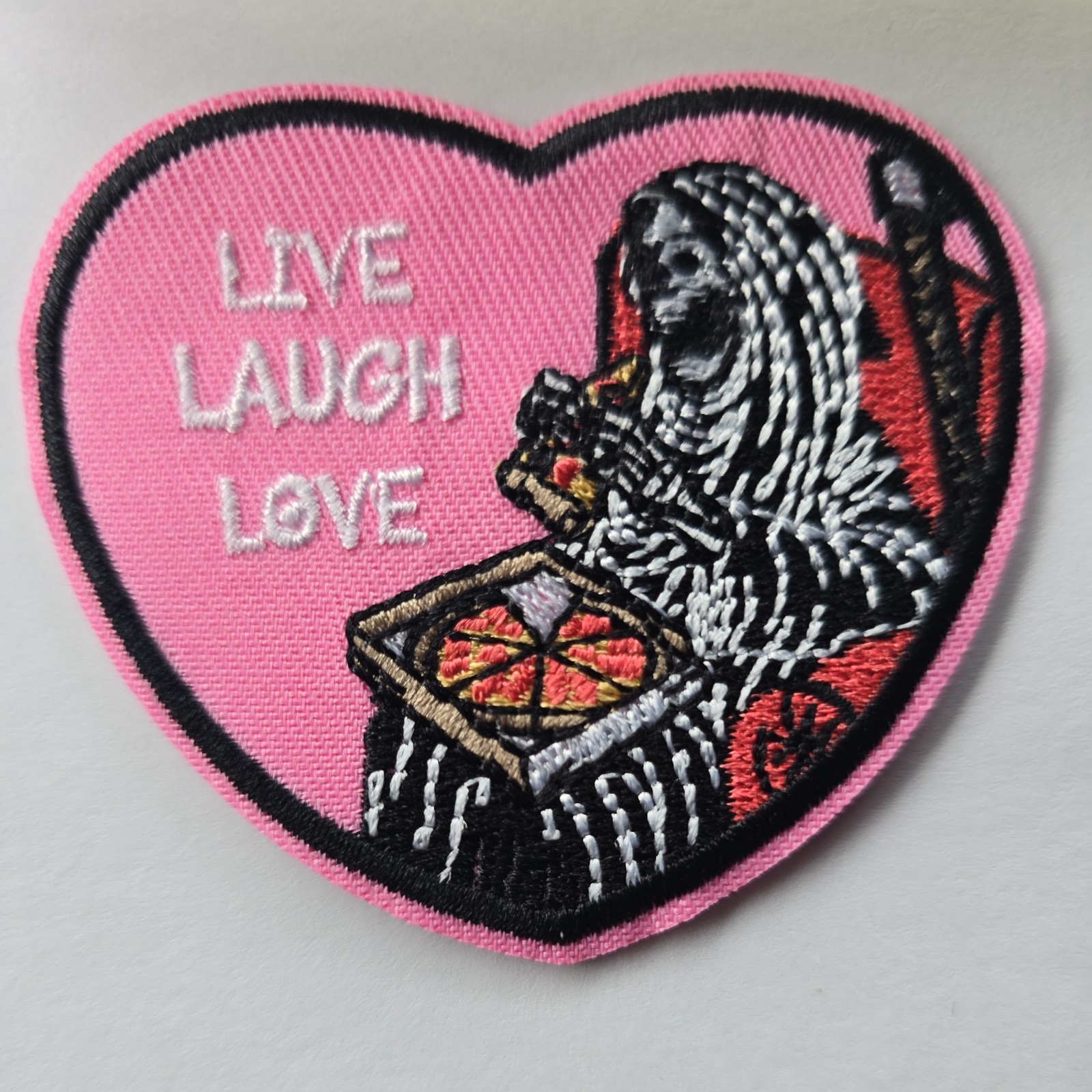 Live Laugh Love reaper eating pizza heart Morale Patch Iron On Embroider Patch