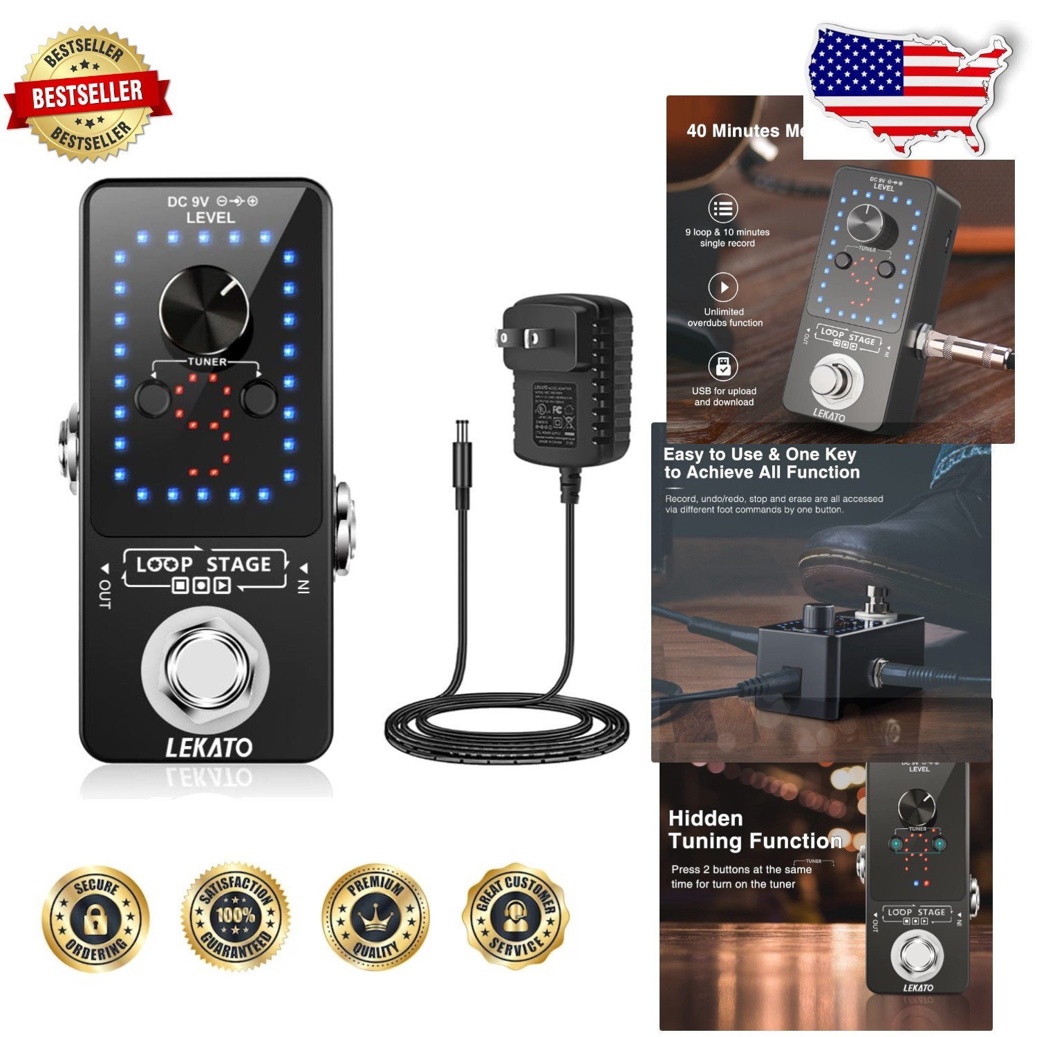 Electric Guitar Looper Pedal - 9 Loops, 40 Min, Tuner, USB, High Quality
