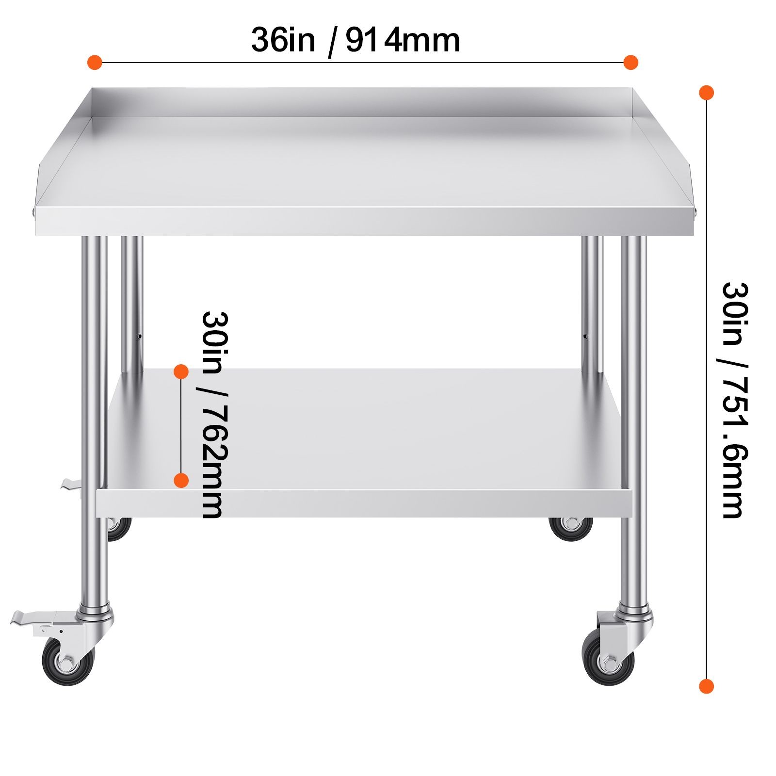 30x36in Stainless Steel Work Table with 3-Sided Backsplash & 4 Casters