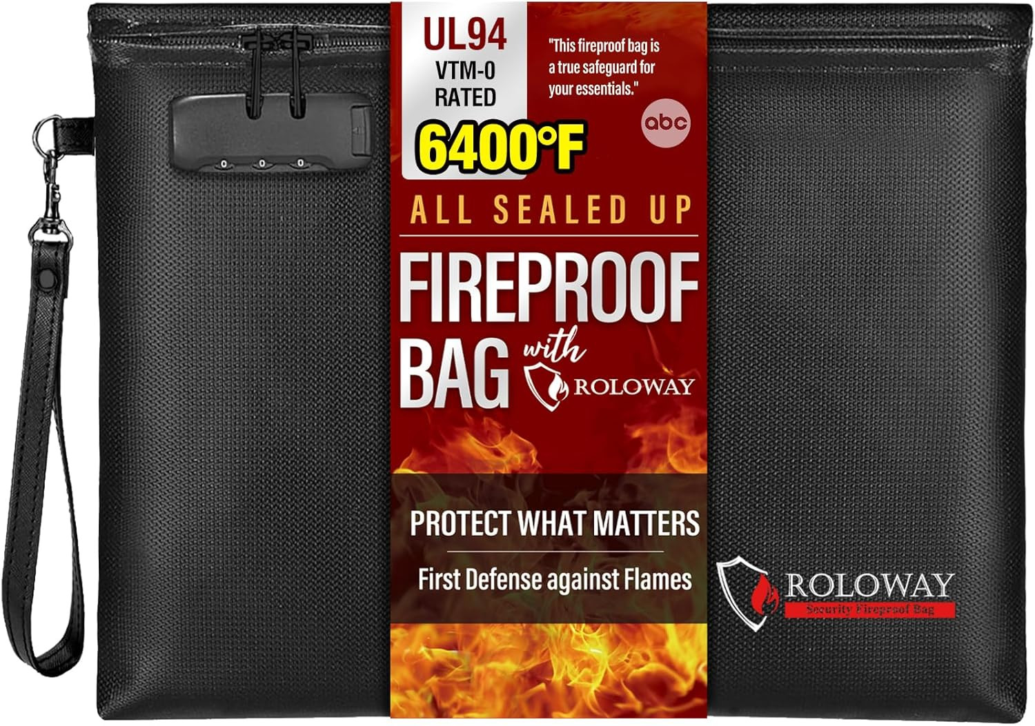 Fireproof Document Bag (14.5 x 11.5 inch), 6400℉ Fireproof Money Bag with Zipper