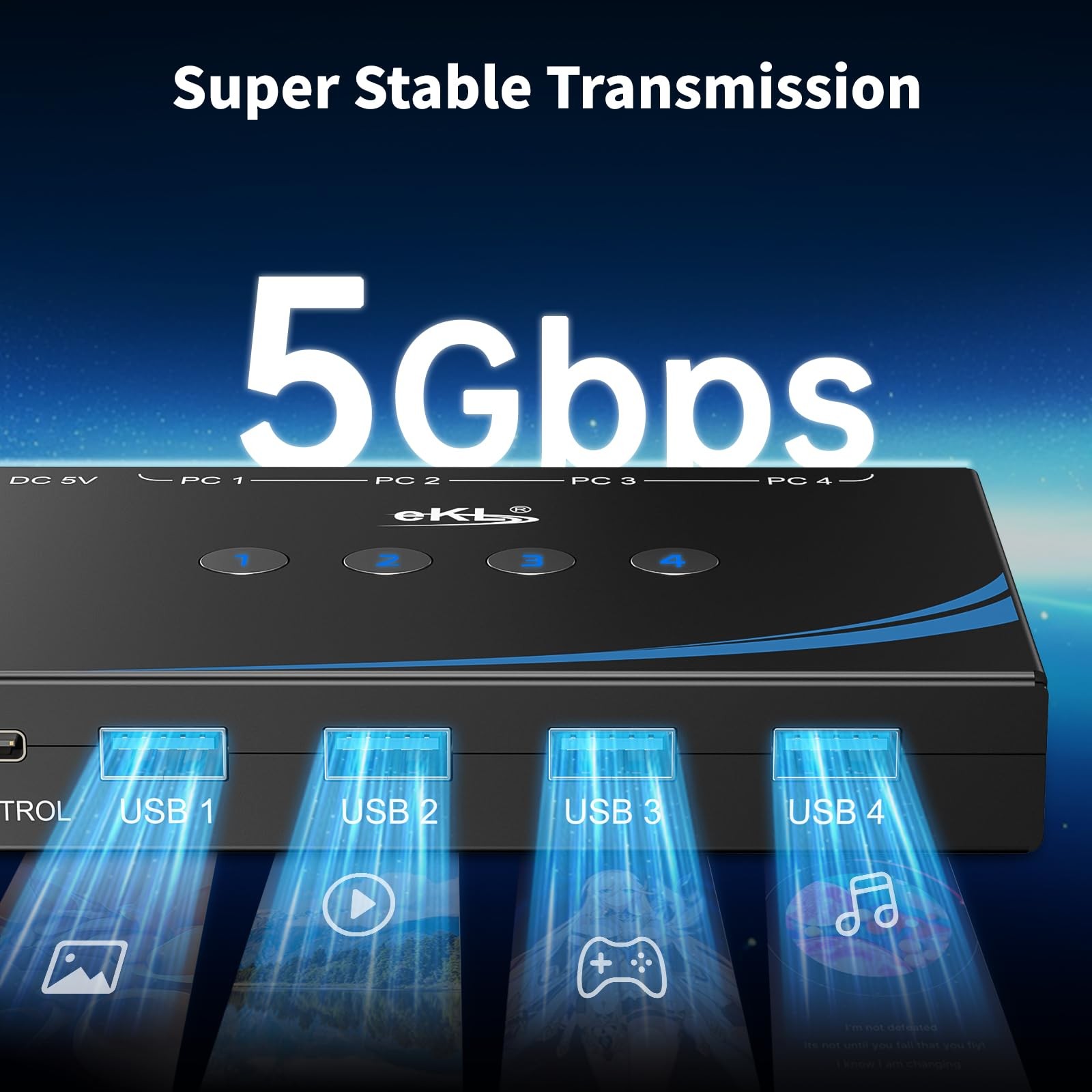 eKL USB 3.0 Switch 4 Computers Sharing USB Peripherals, 4 Port USB Switcher Shar