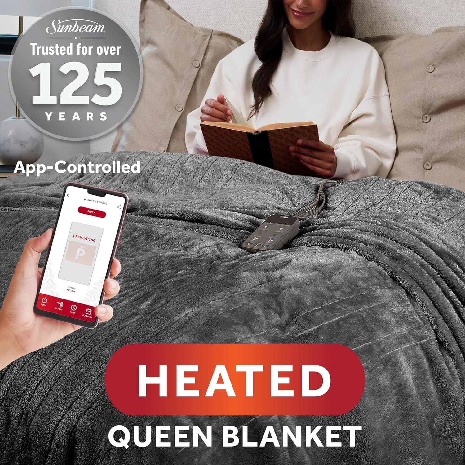 Sunbeam Lofttec Slate Grey Connected Electric Heated Blanket 10 Settings, Queen