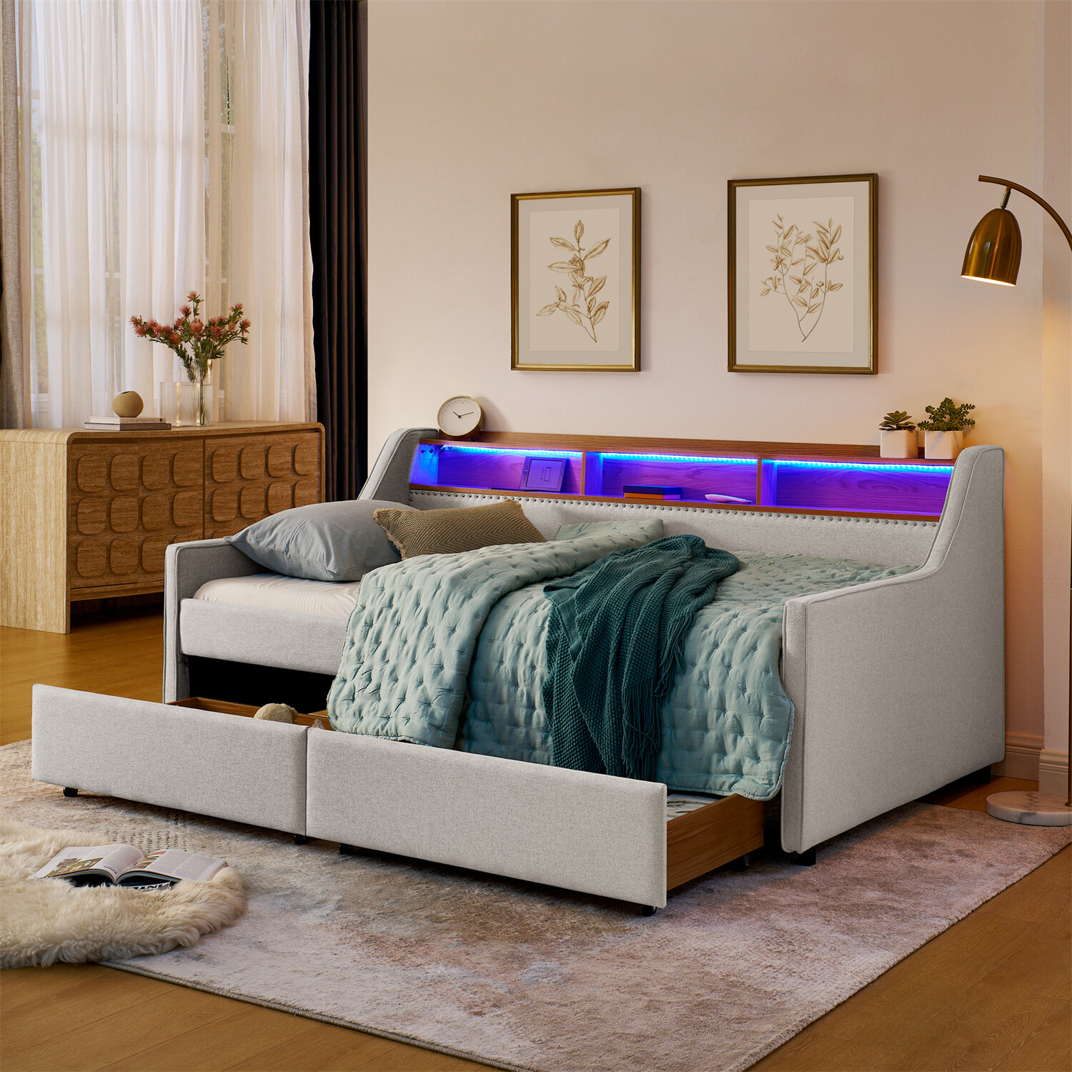 Twin Size Daybed Upholstered Bed Frame Sofa Bed w/ LED Lights & 2 Drawers