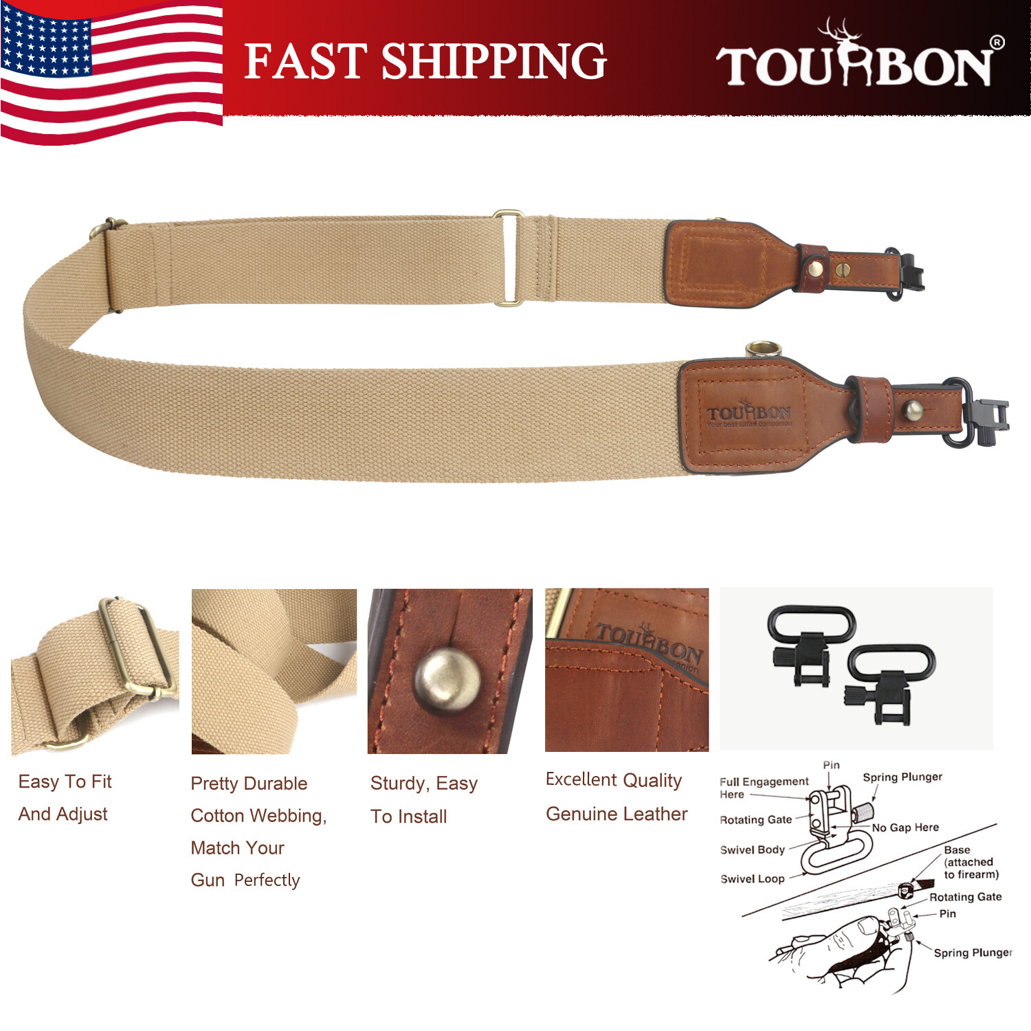 TOURBON Shooting Range Rifle Shotgun Sling with Swivels Screws Stud gun Strap