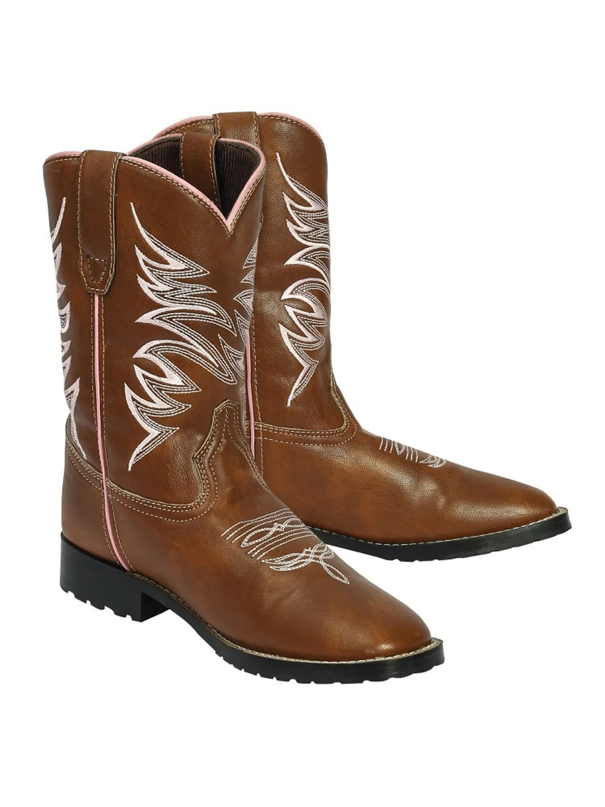 TuffRider Youth Channel Islands Square Toe Western Cowboy Boots Tan w/ Pink 6Y