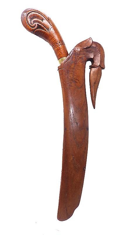 ANTIQUE SE ASIAN KNIFE WITH CONVEX EDGE & CARVED WOOD SHEATH & HILT - SULAWESI?
