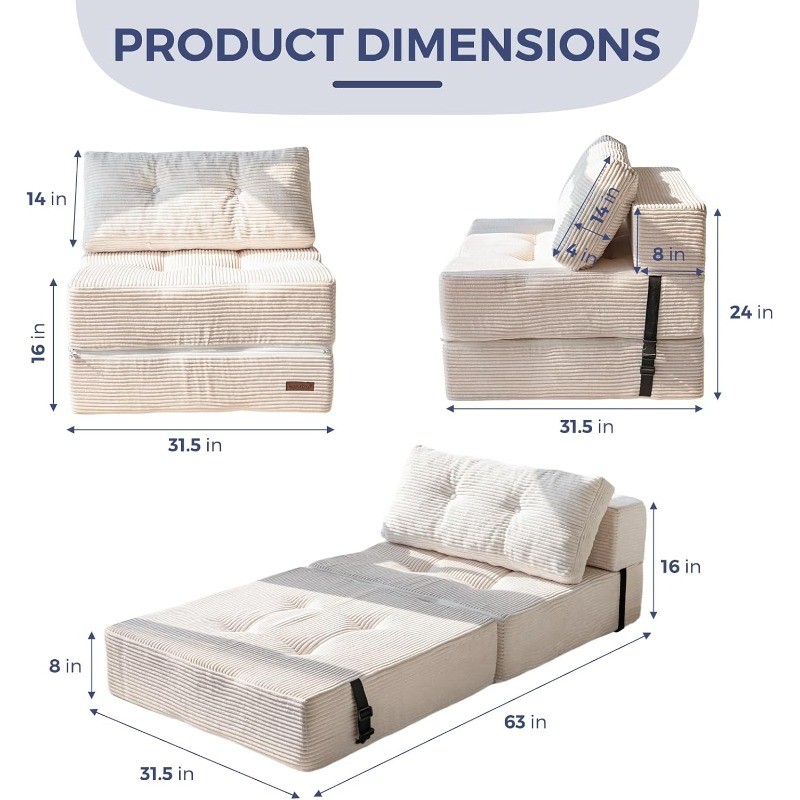 Folding Sofa Bed, Convertible Sofa Bed with High-Density Support Foam, Portable