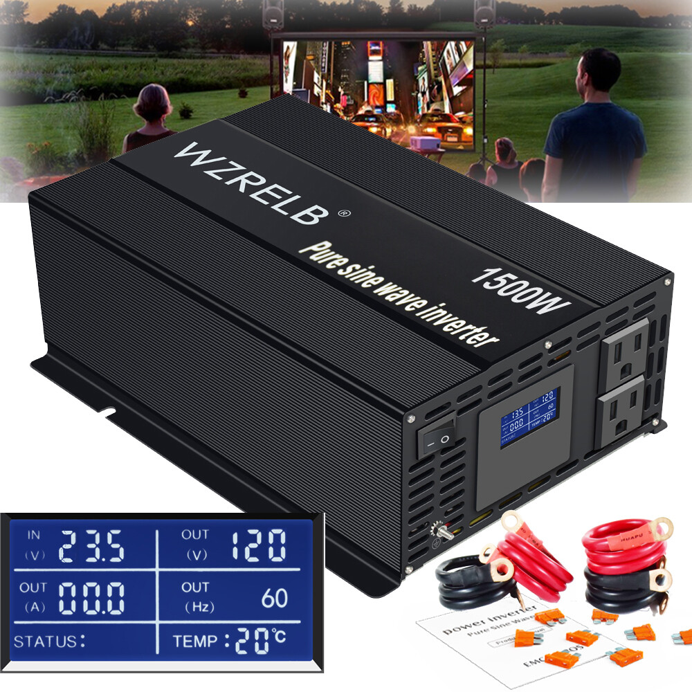 24V Inverter Pure Sine Wave 1500W Power 110V 120V Car Truck Solar System RV LCD