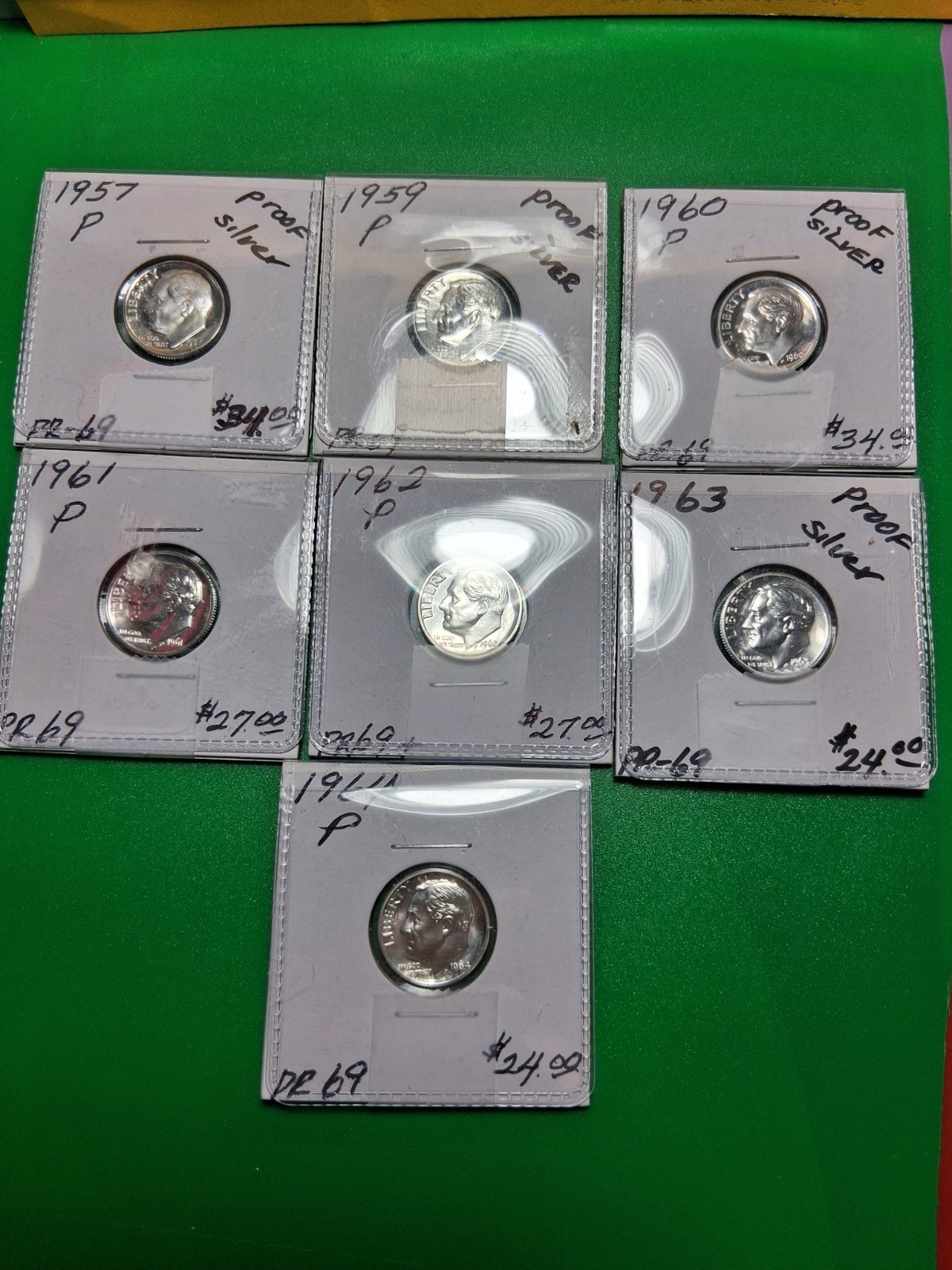 1957-1964 PROOF ROOSEVELT DIMES LOT OF 7. 1957,59,60,61,62 63,64